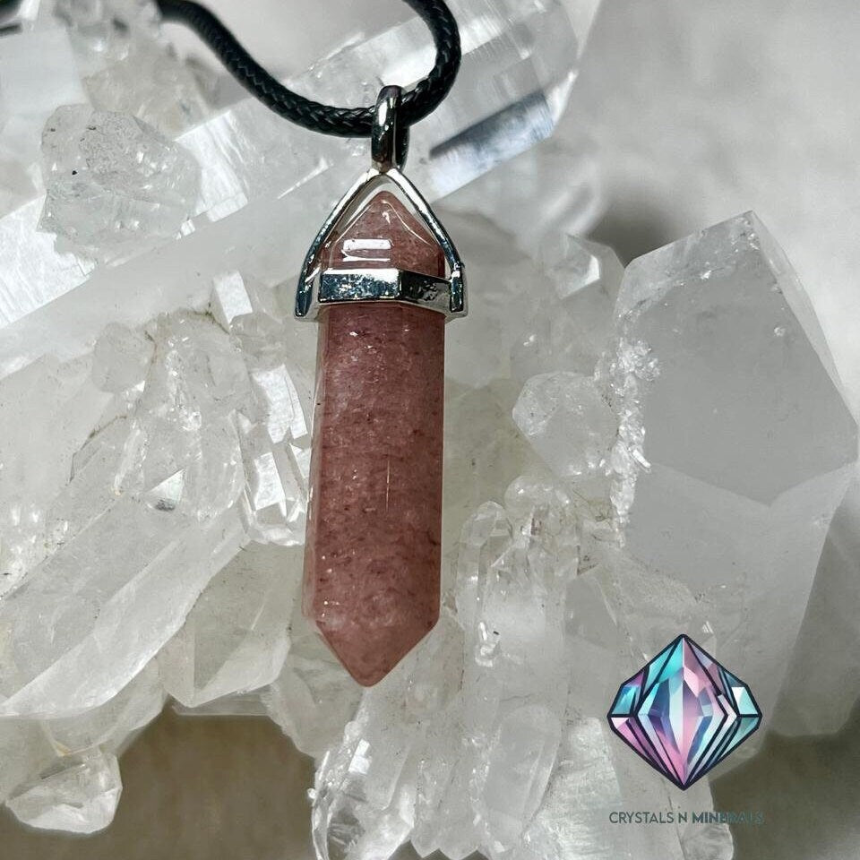 Strawberry Quartz Stone Double Point Pencil Pendant with Black Cord