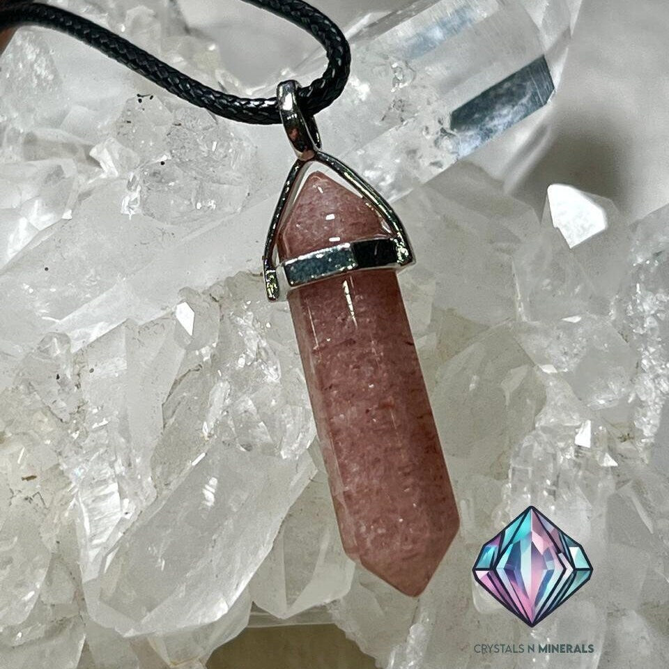 Strawberry Quartz Stone Double Point Pencil Pendant with Black Cord