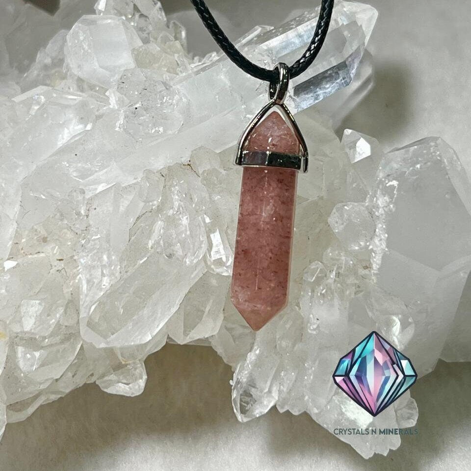 Strawberry Quartz Stone Double Point Pencil Pendant with Black Cord