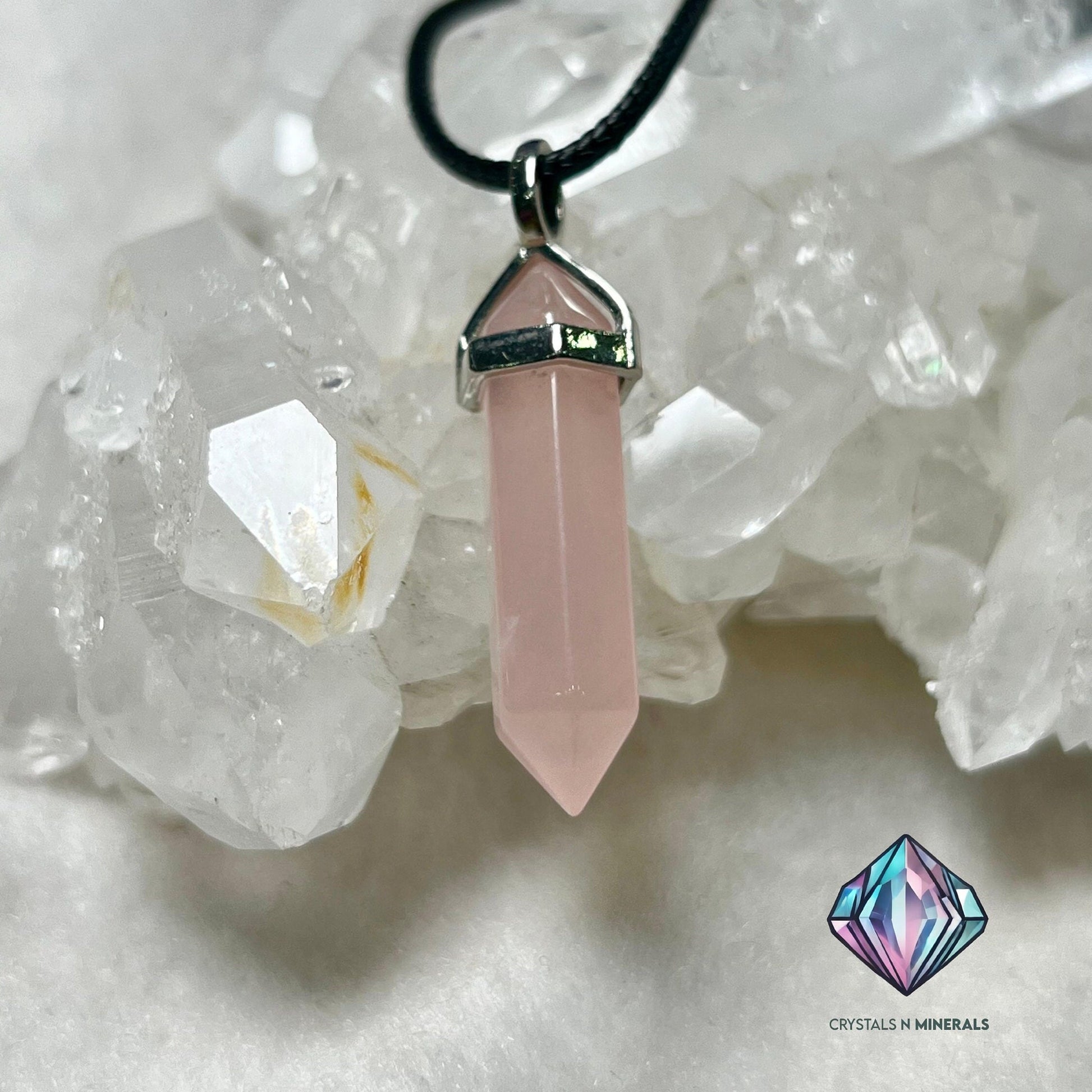 Rose Quartz Stone Double Point Pencil Pendant with Black Cord