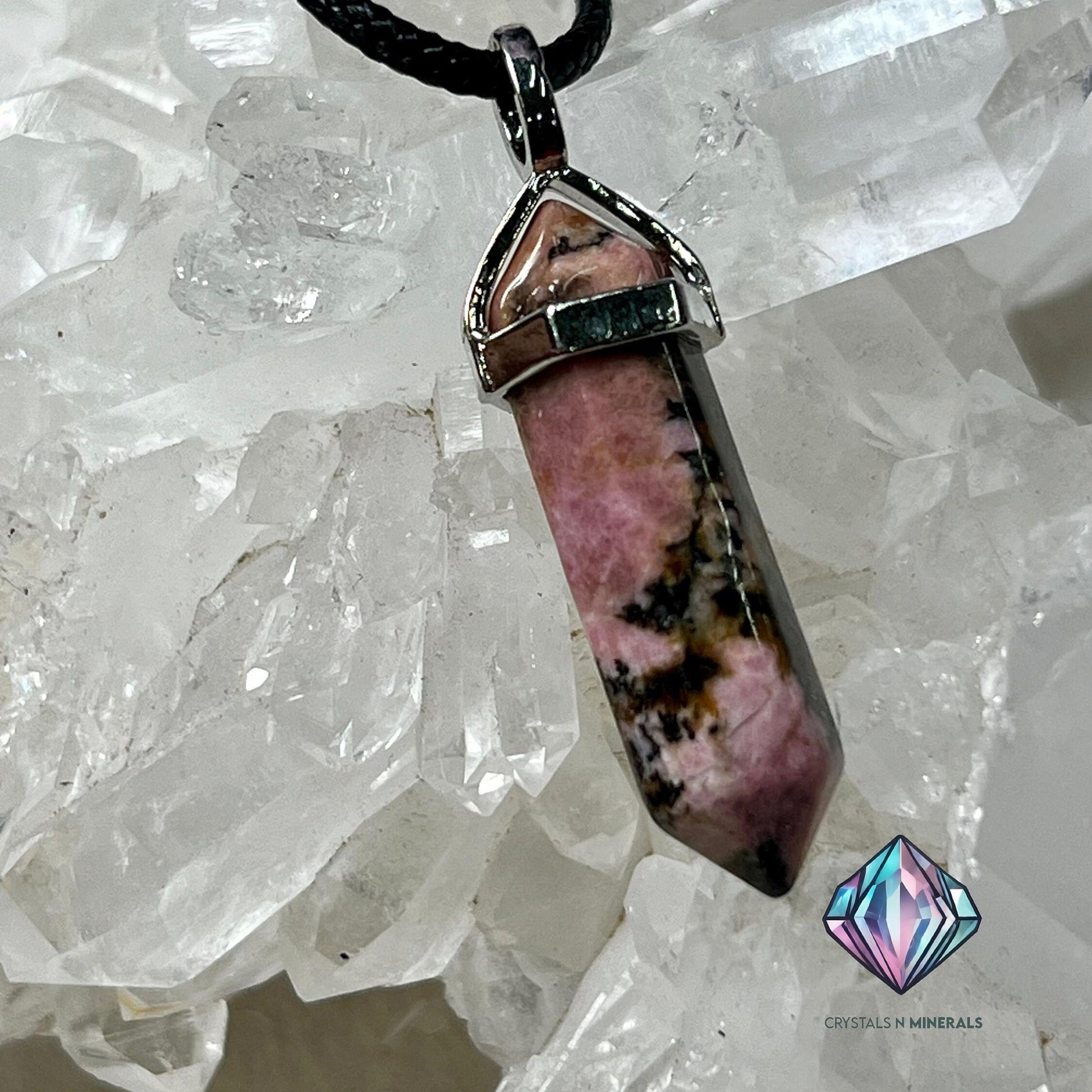 Rhodonite Stone Double Point Pencil Pendant with Black Cord