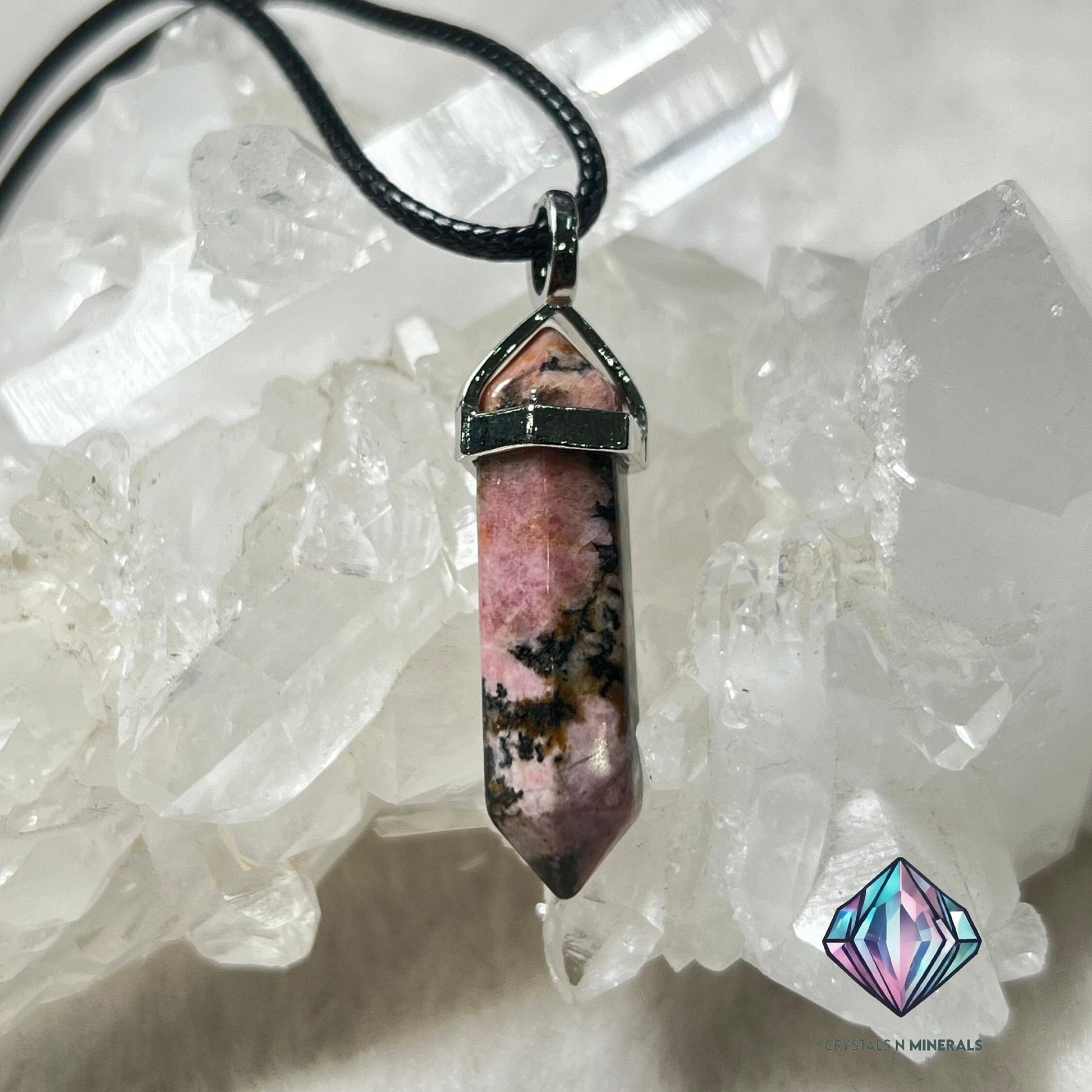 Rhodonite Stone Double Point Pencil Pendant with Black Cord