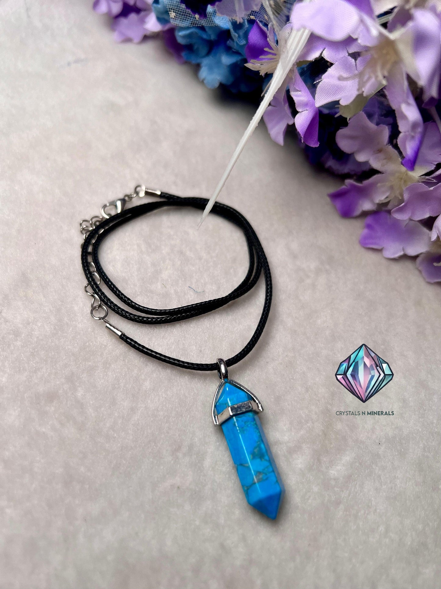 Howlite Turquoise Stone Double Point Pencil Pendant with Black Cord