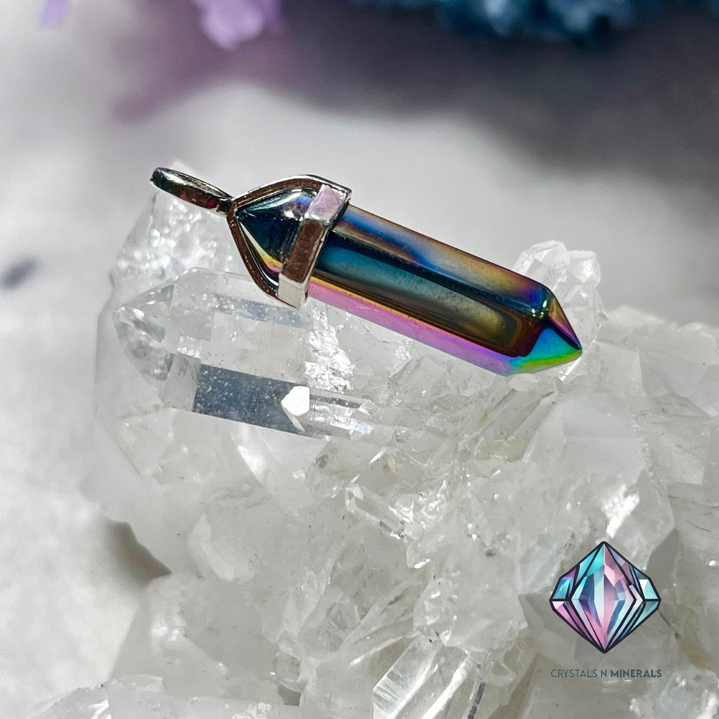 Titanium Aura Quartz Stone Double Point Pencil Pendant with Black Cord