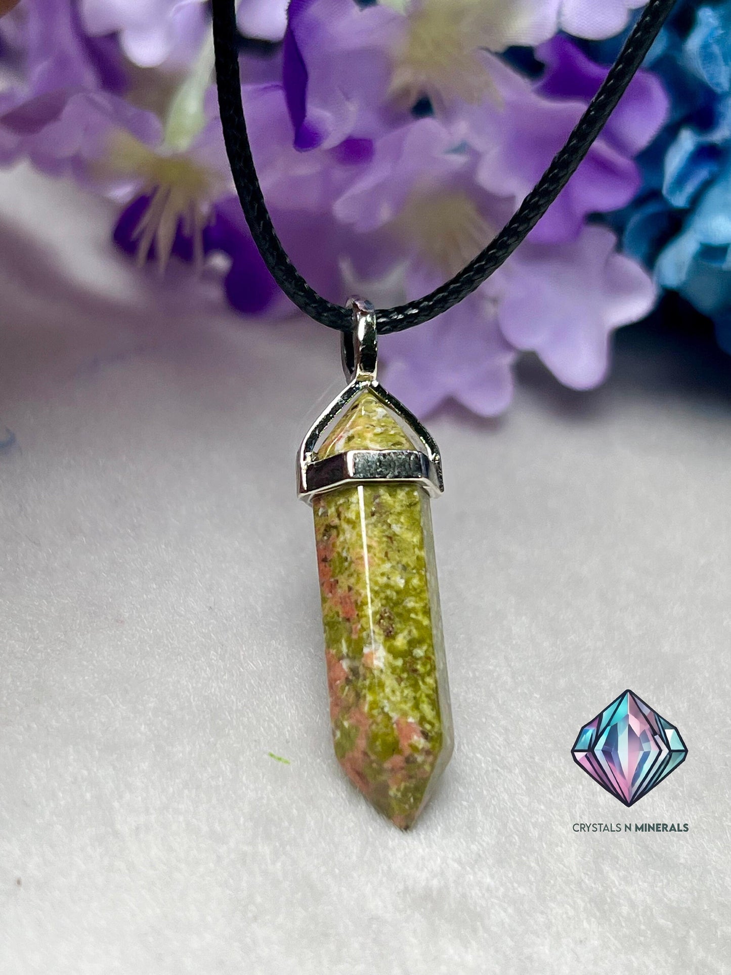 Unakite Stone Double Point Pencil Pendant with Black Cord