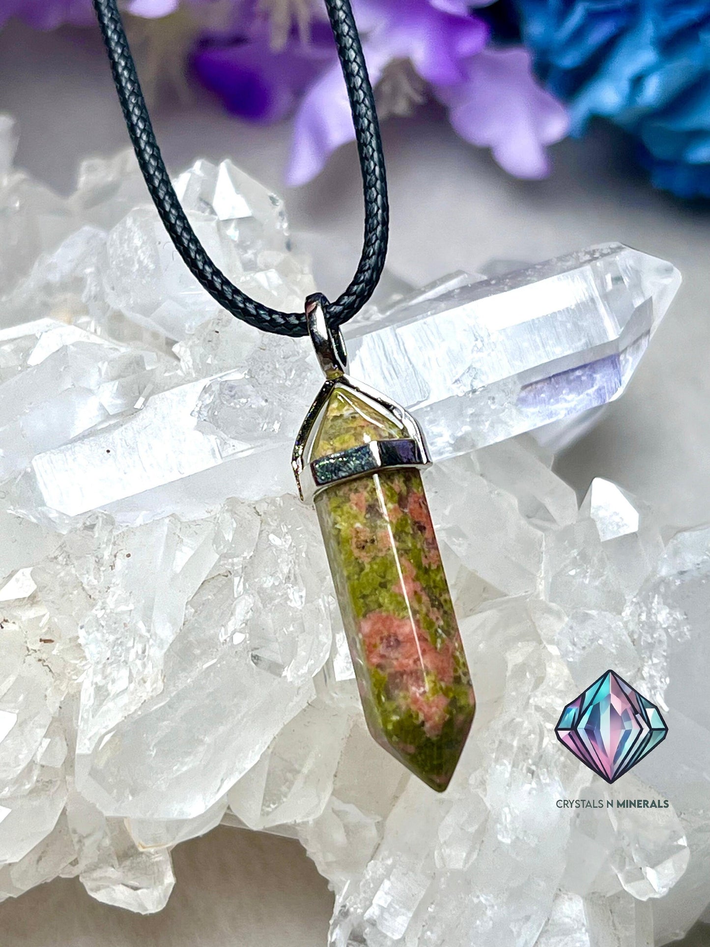 Unakite Stone Double Point Pencil Pendant with Black Cord