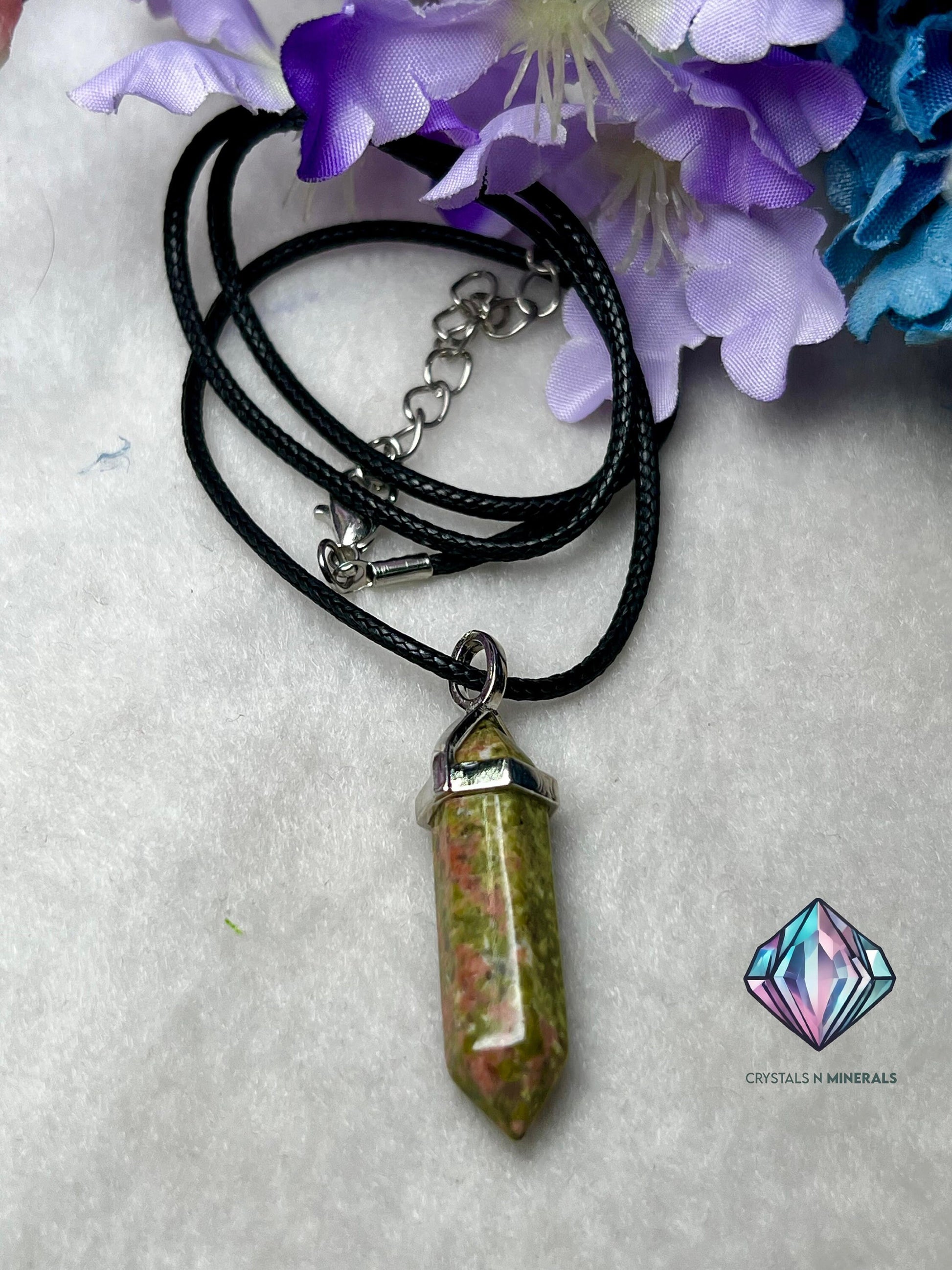 Unakite Stone Double Point Pencil Pendant with Black Cord