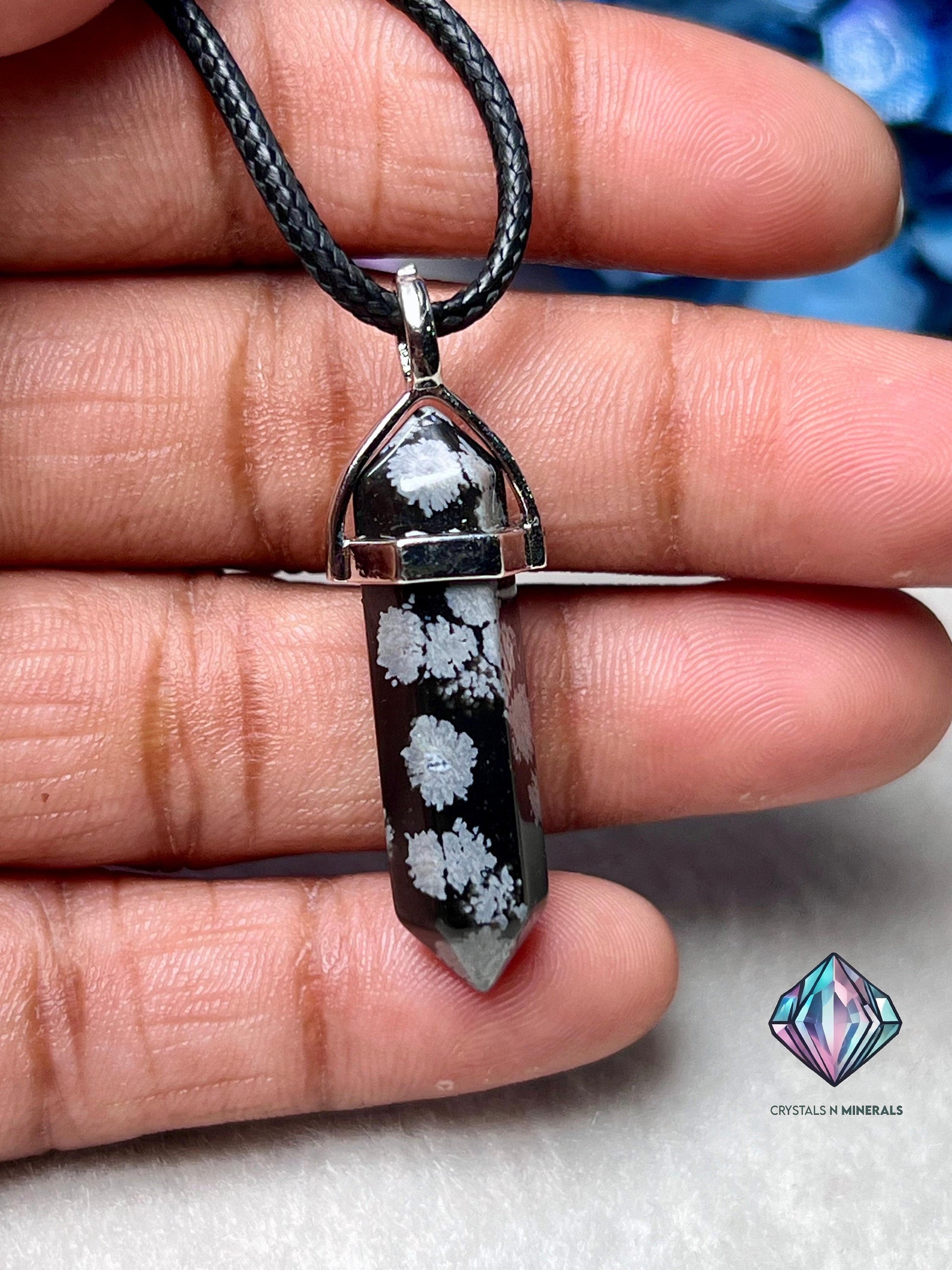 Snowflake Obsidian Stone Double Point Pencil Pendant with Black Cord