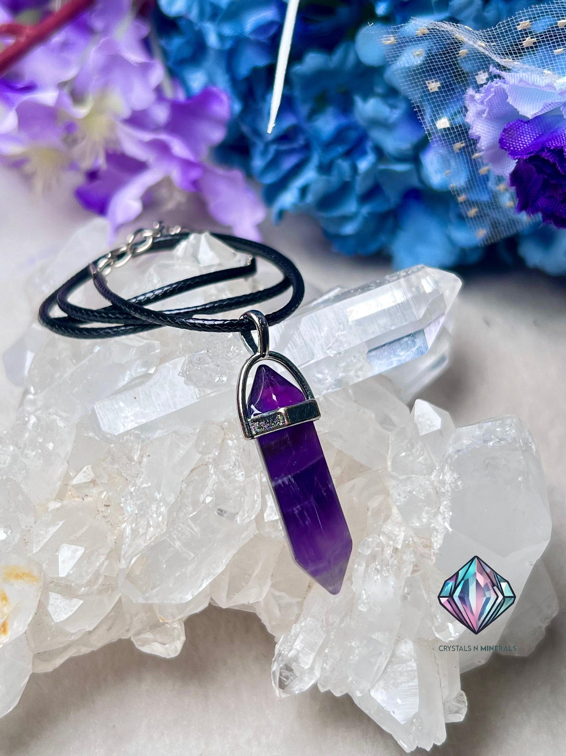 Amethyst Stone Double Point Pencil Pendant with Black Cord