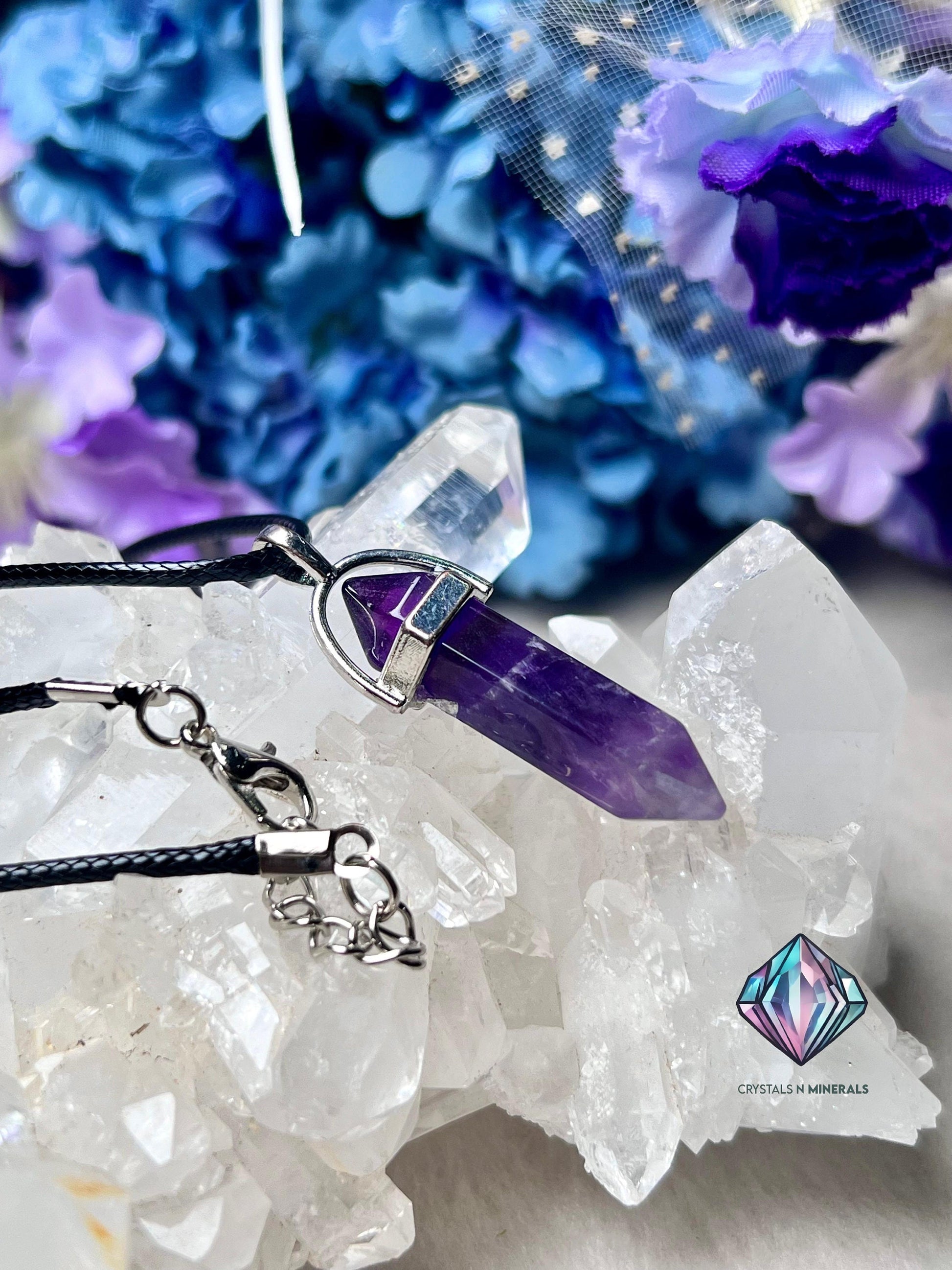 Amethyst Stone Double Point Pencil Pendant with Black Cord