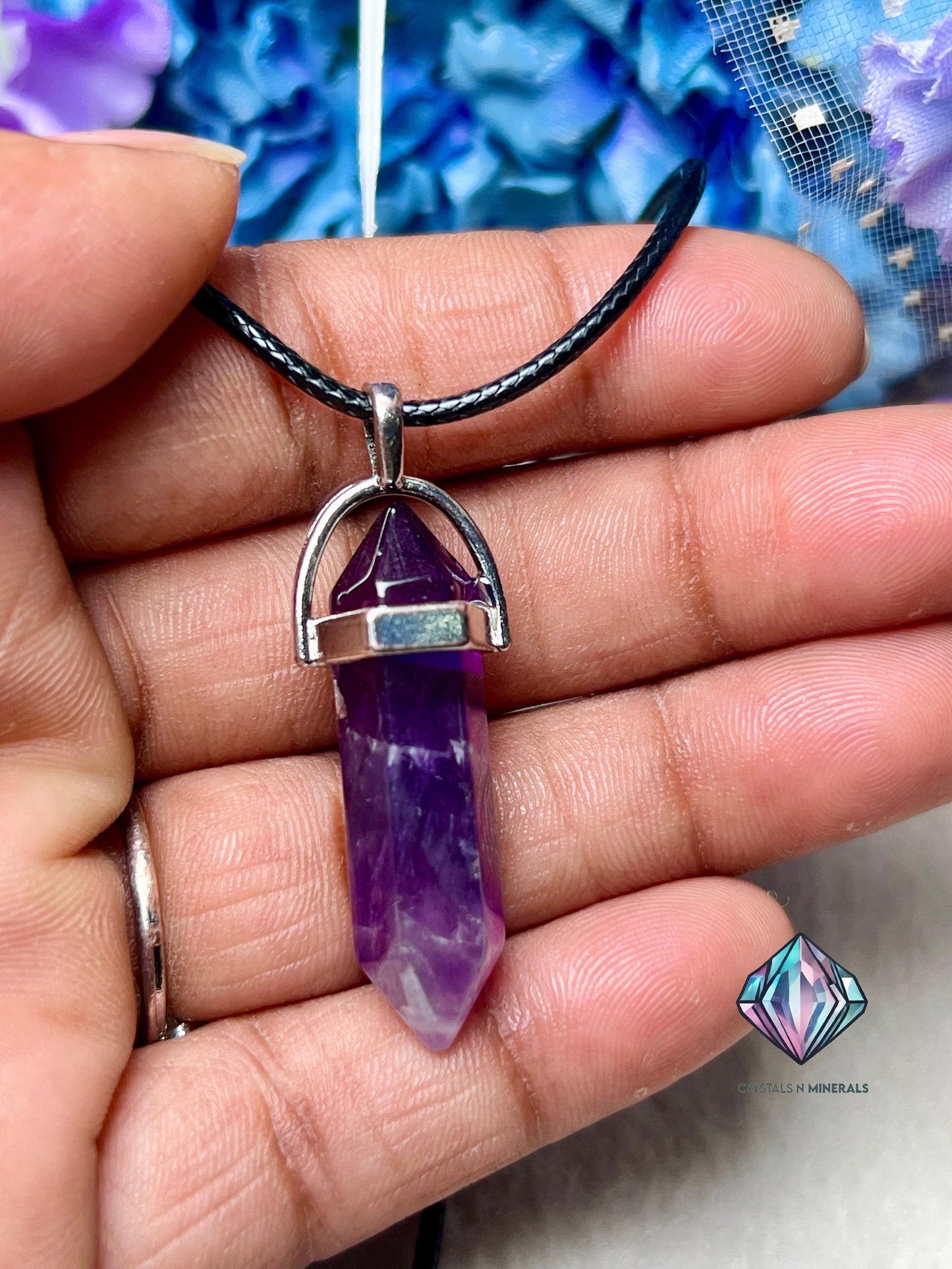 Amethyst Stone Double Point Pencil Pendant with Black Cord