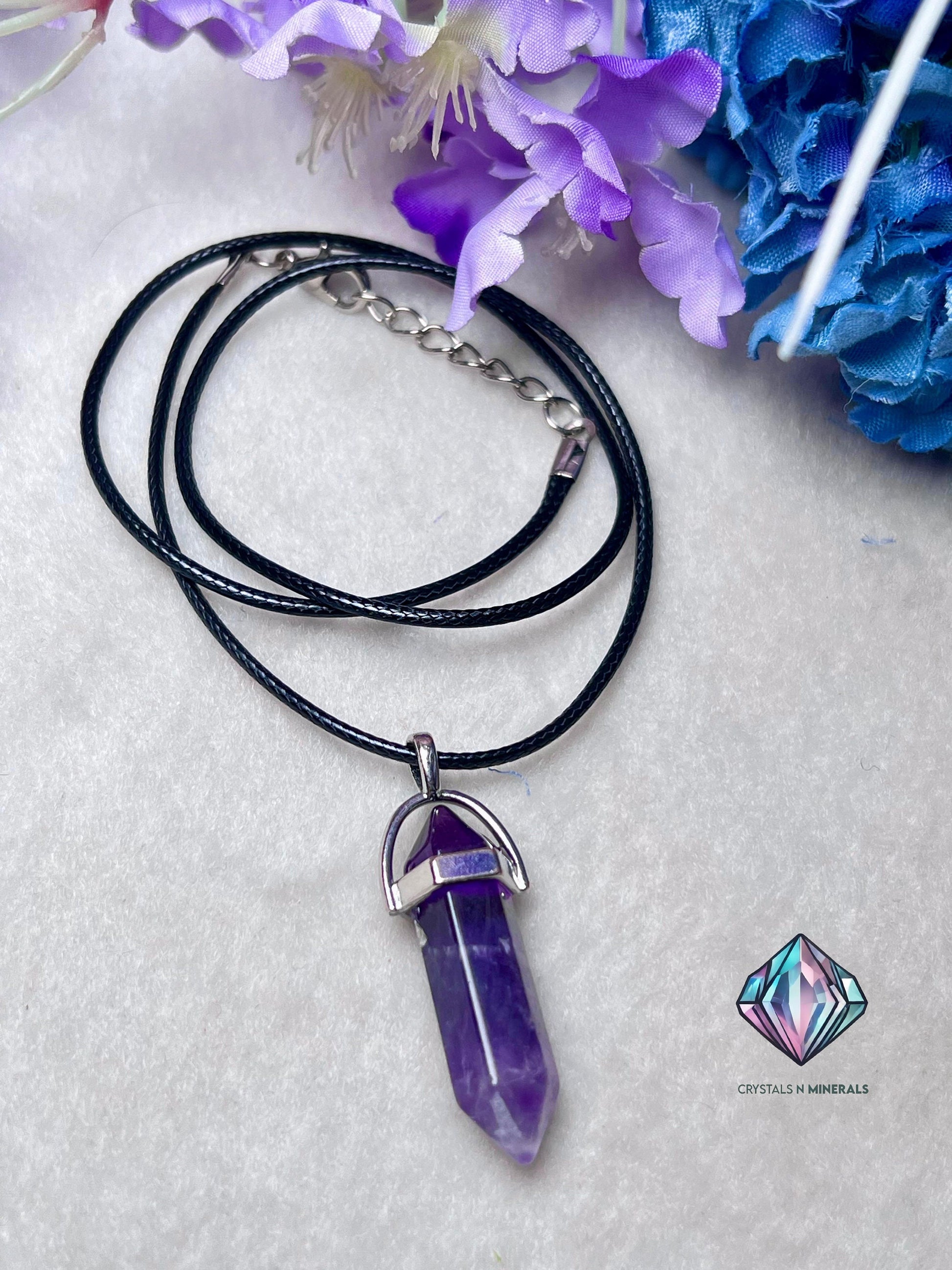 Amethyst Stone Double Point Pencil Pendant with Black Cord