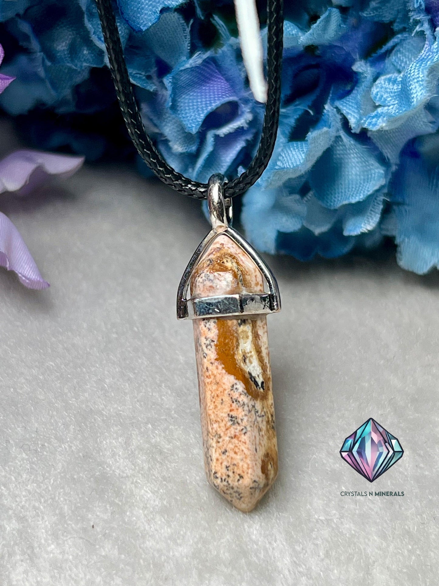 Picture Jasper Stone Double Point Pencil Pendant with Black Cord