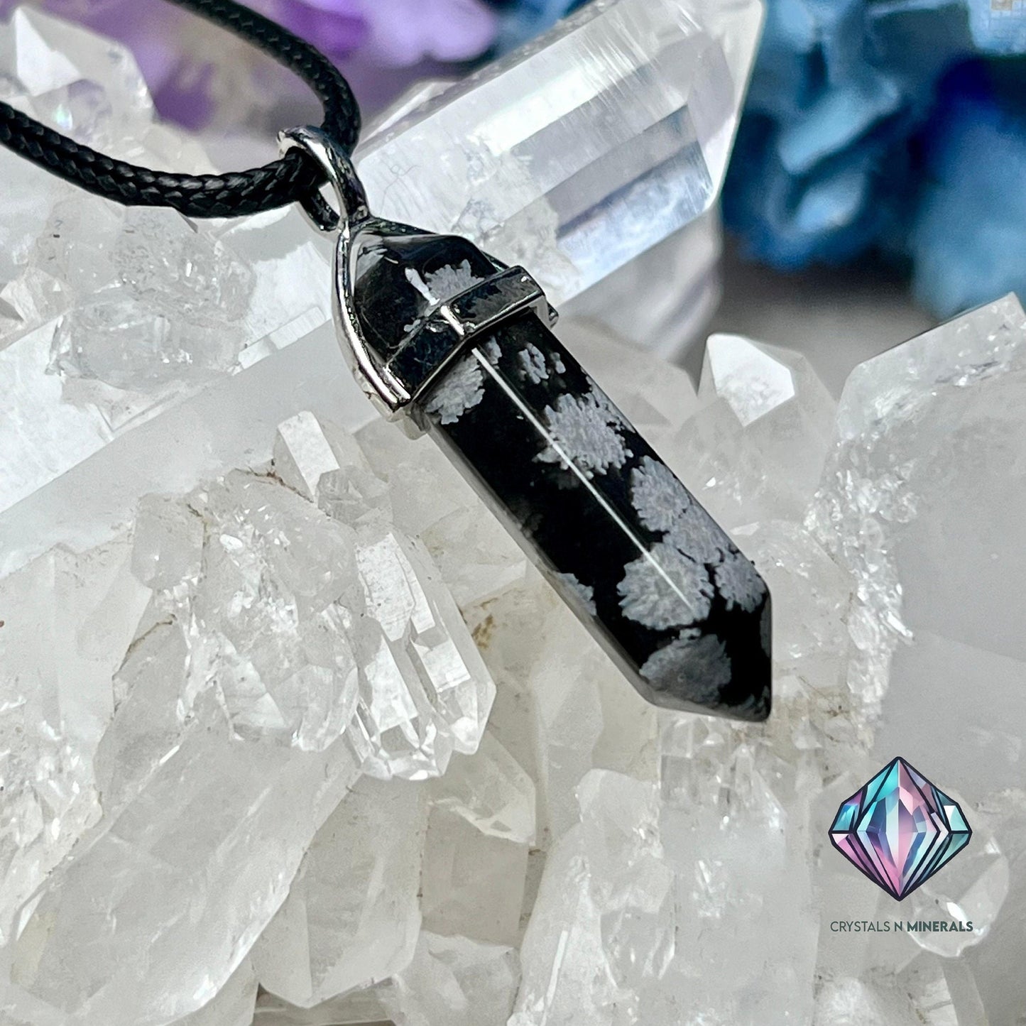 Snowflake Obsidian Stone Double Point Pencil Pendant with Black Cord