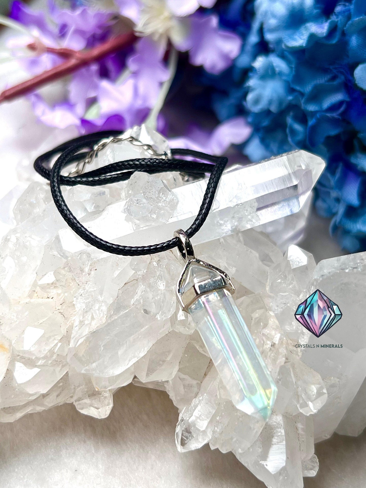 Mystic Angel Aura Quartz Double Point Pendant – Healing Crystal Pencil Necklace with Black Cord (40mm x 10mm)