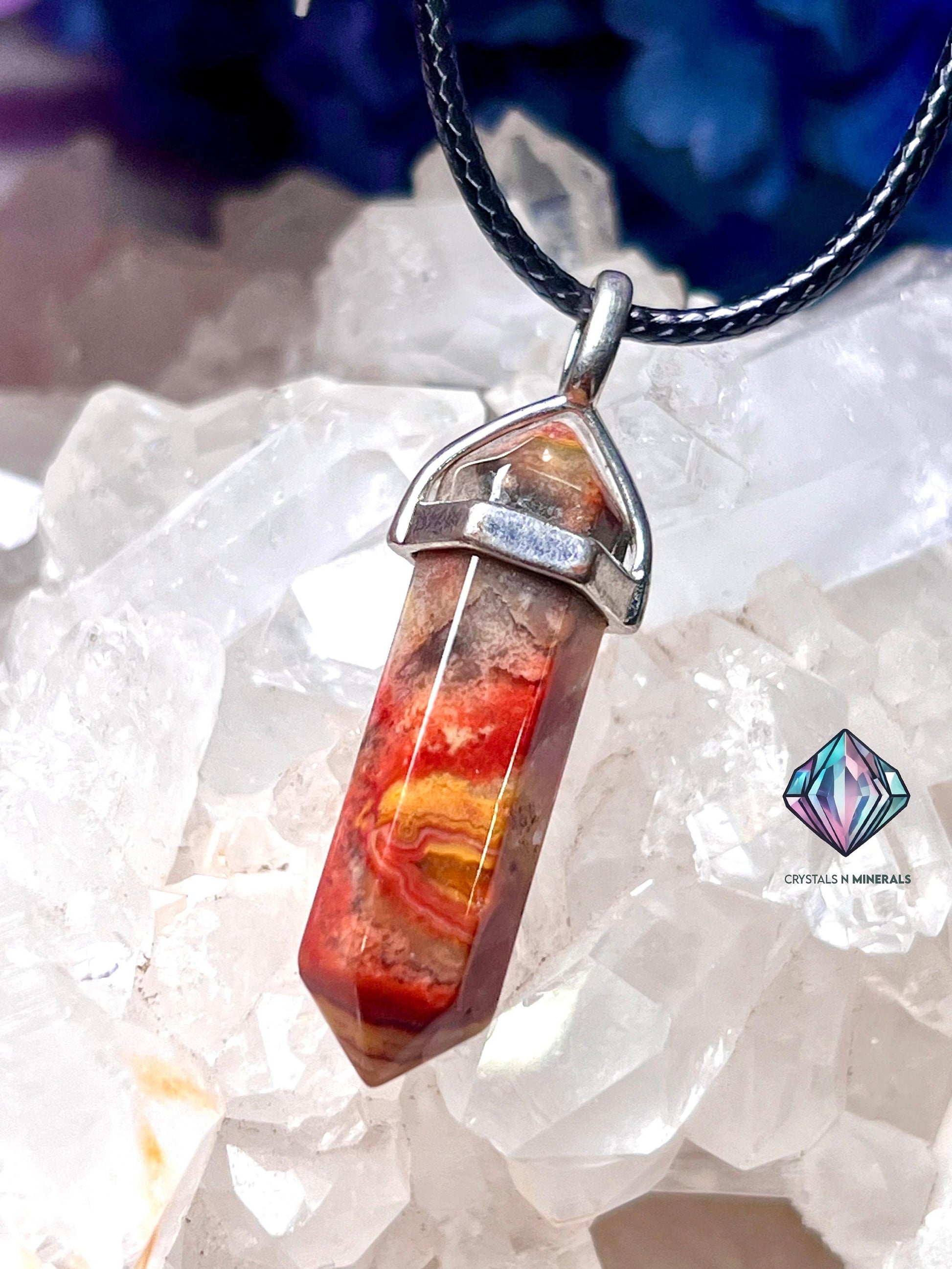 Crazy Lace Agate Stone Double Point Pencil Pendant with Black Cord