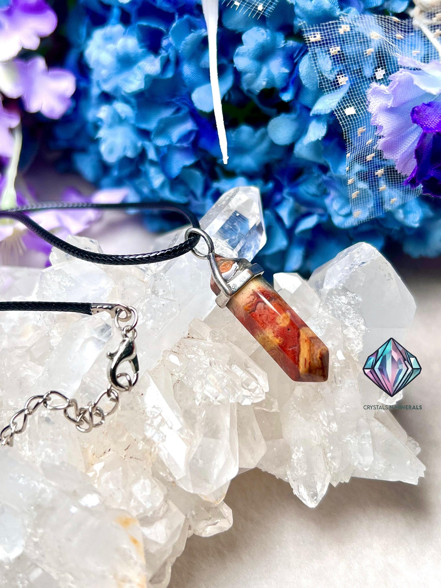 Crazy Lace Agate Stone Double Point Pencil Pendant with Black Cord