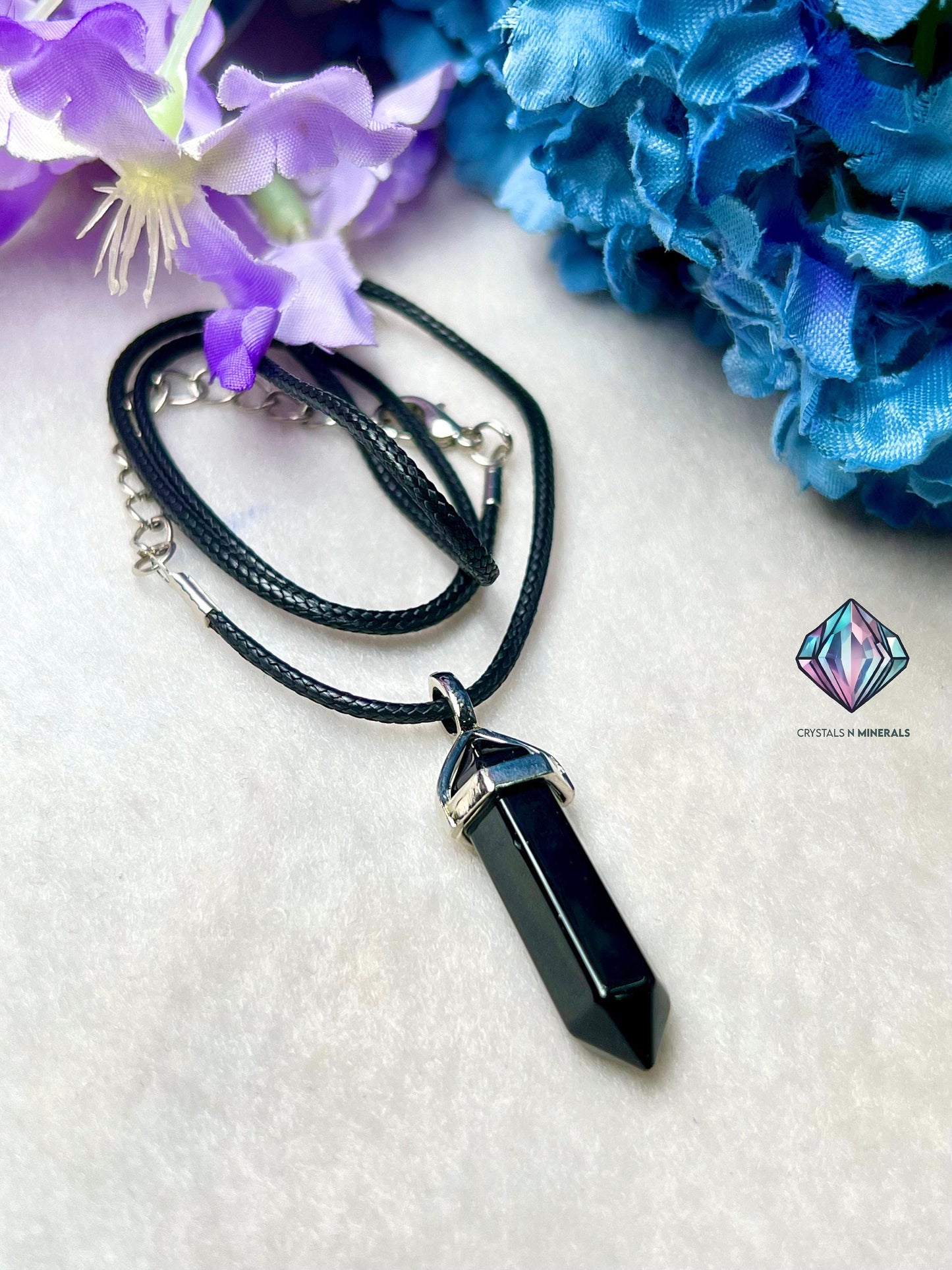 Black Onyx Stone Double Point Pencil Pendant with Black Cord