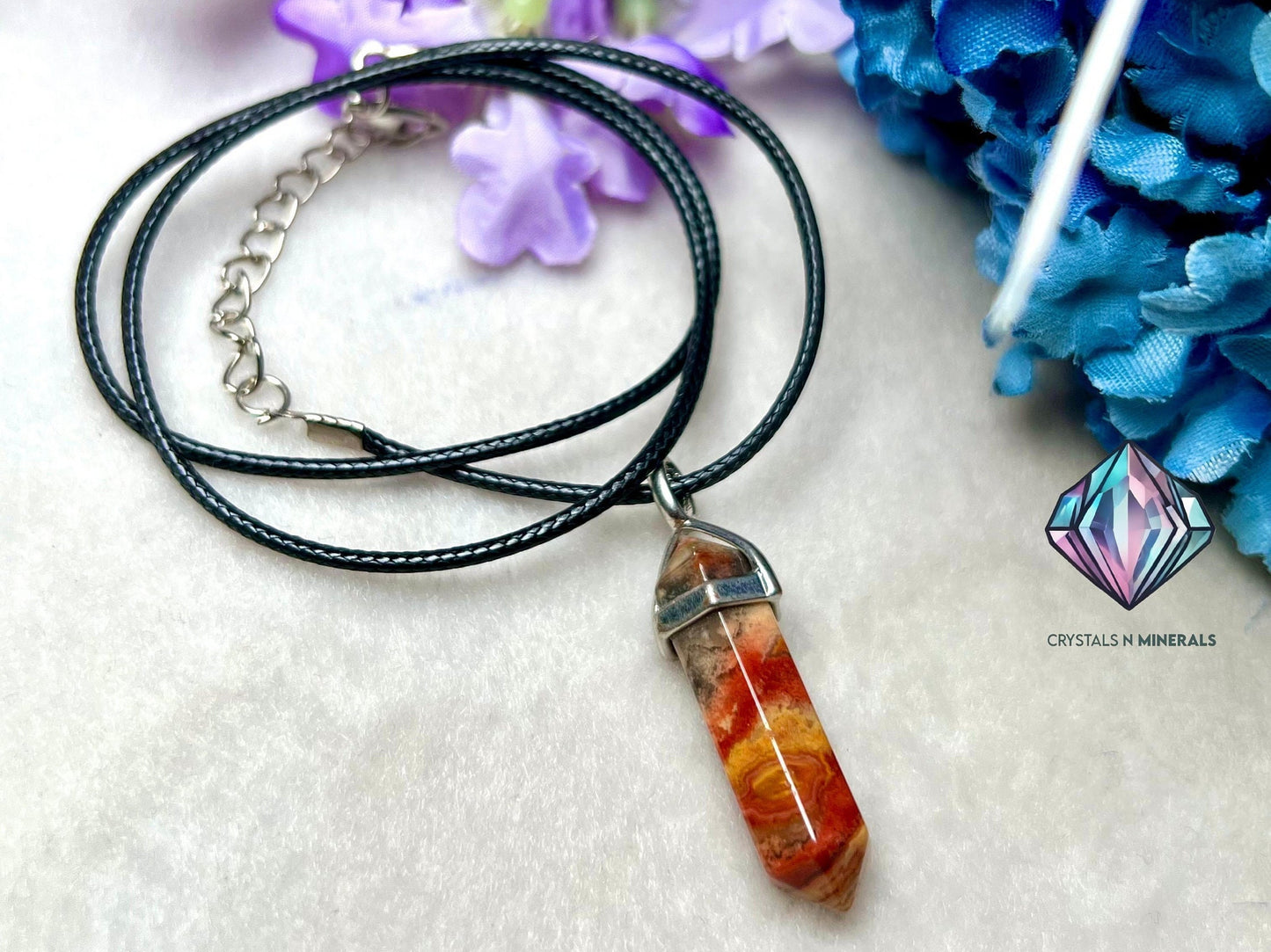 Crazy Lace Agate Stone Double Point Pencil Pendant with Black Cord