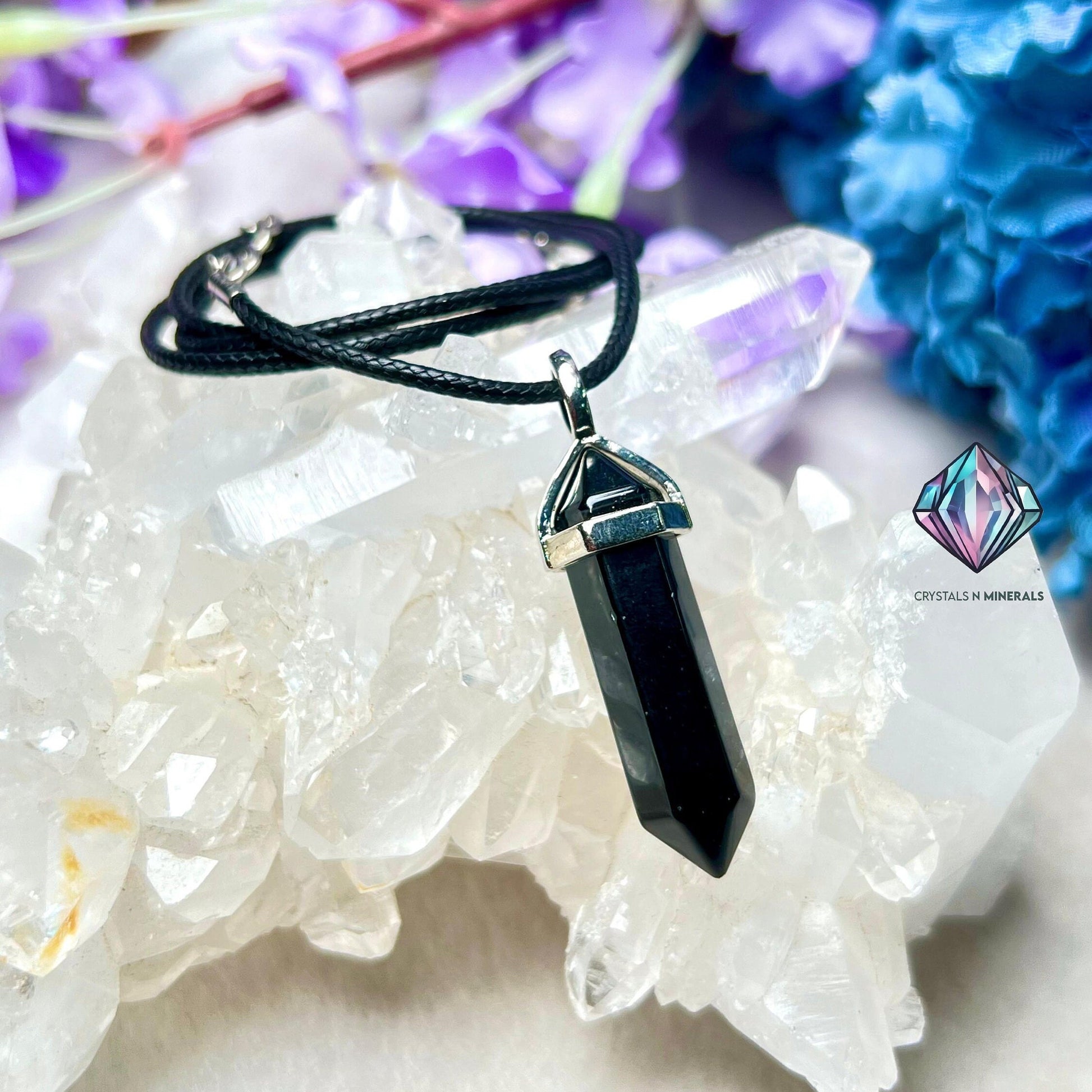 Black Onyx Stone Double Point Pencil Pendant with Black Cord