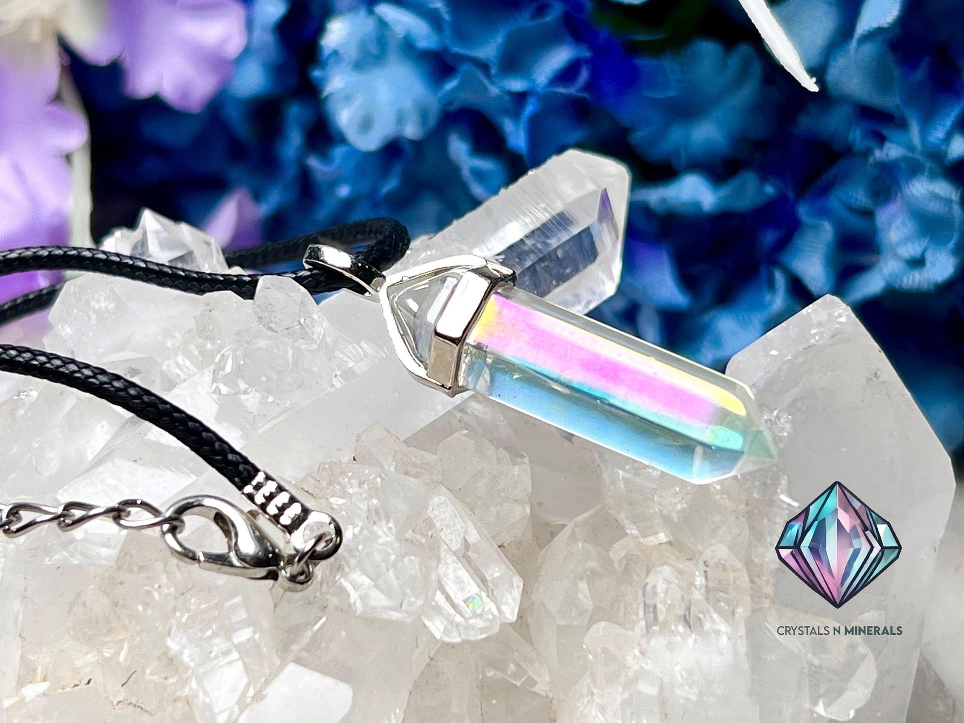 Mystic Angel Aura Quartz Double Point Pendant – Healing Crystal Pencil Necklace with Black Cord (40mm x 10mm)