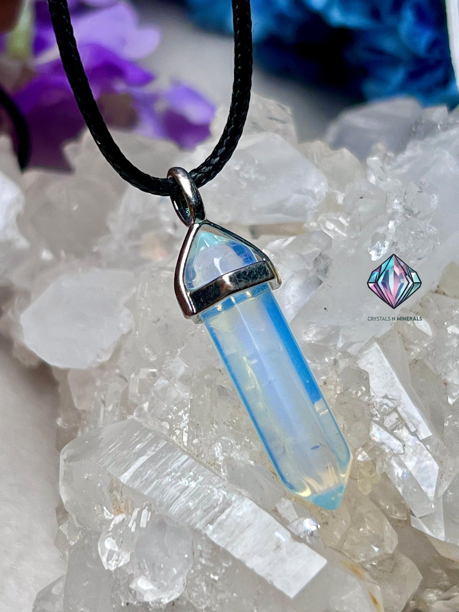 Opalite Stone Double Point Pencil Pendant with Black Cord