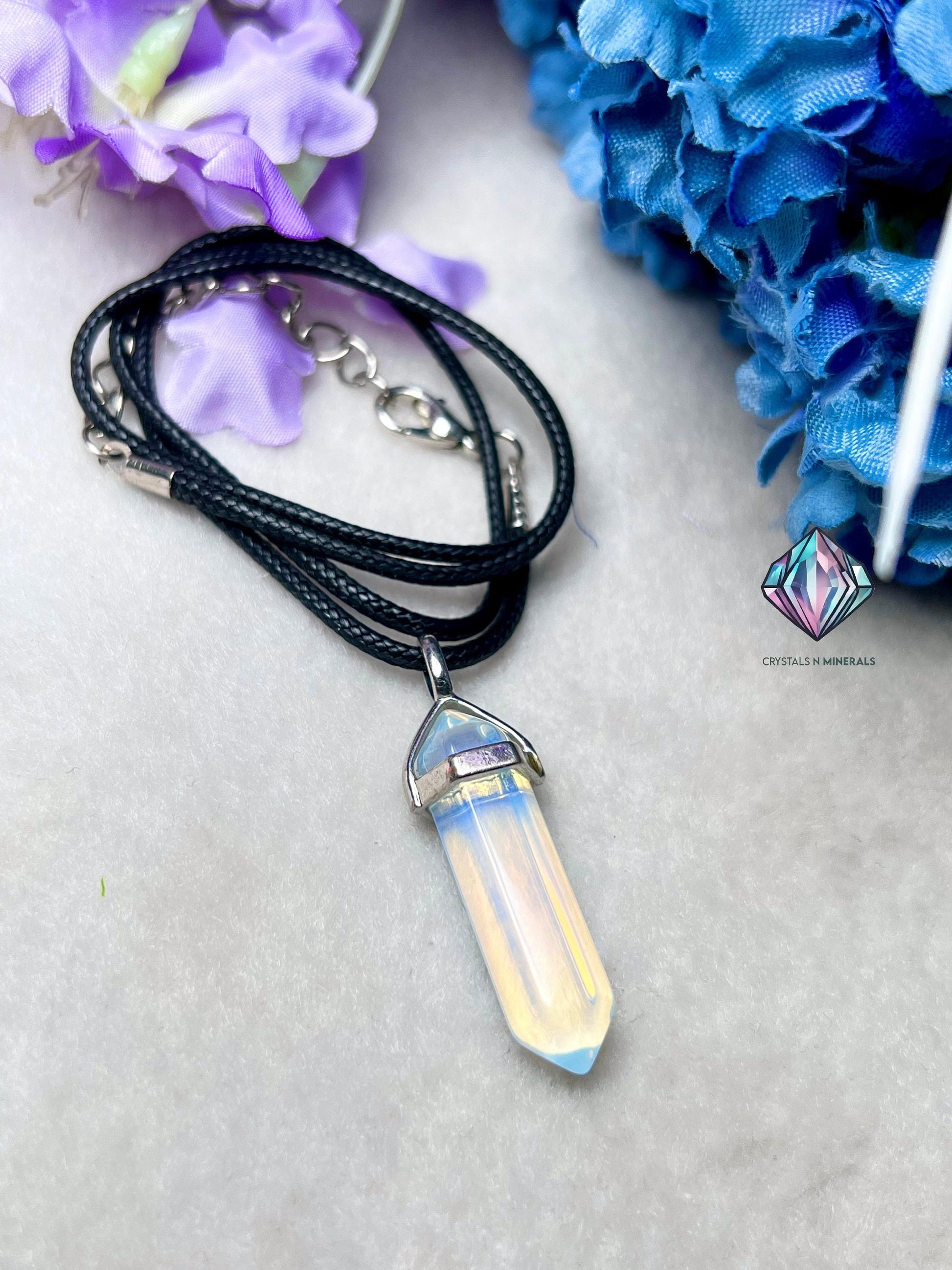 Opalite Stone Double Point Pencil Pendant with Black Cord