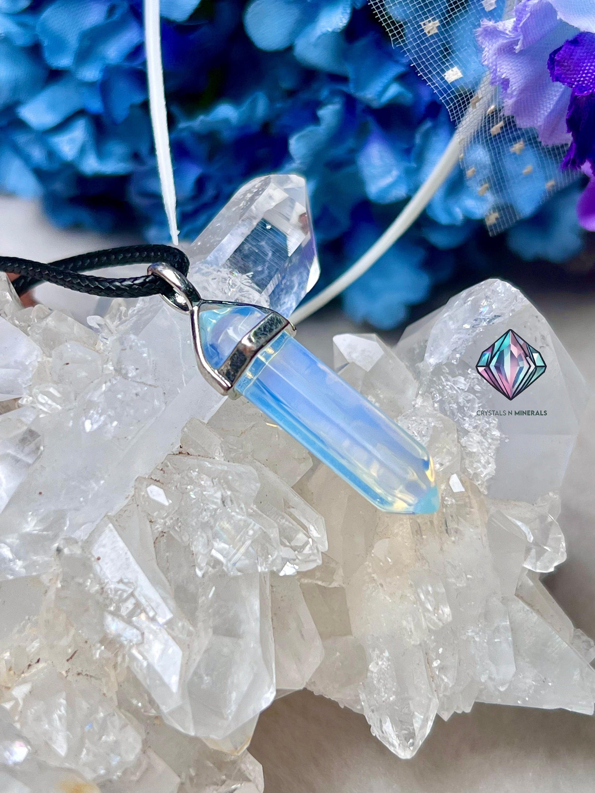 Opalite Stone Double Point Pencil Pendant with Black Cord