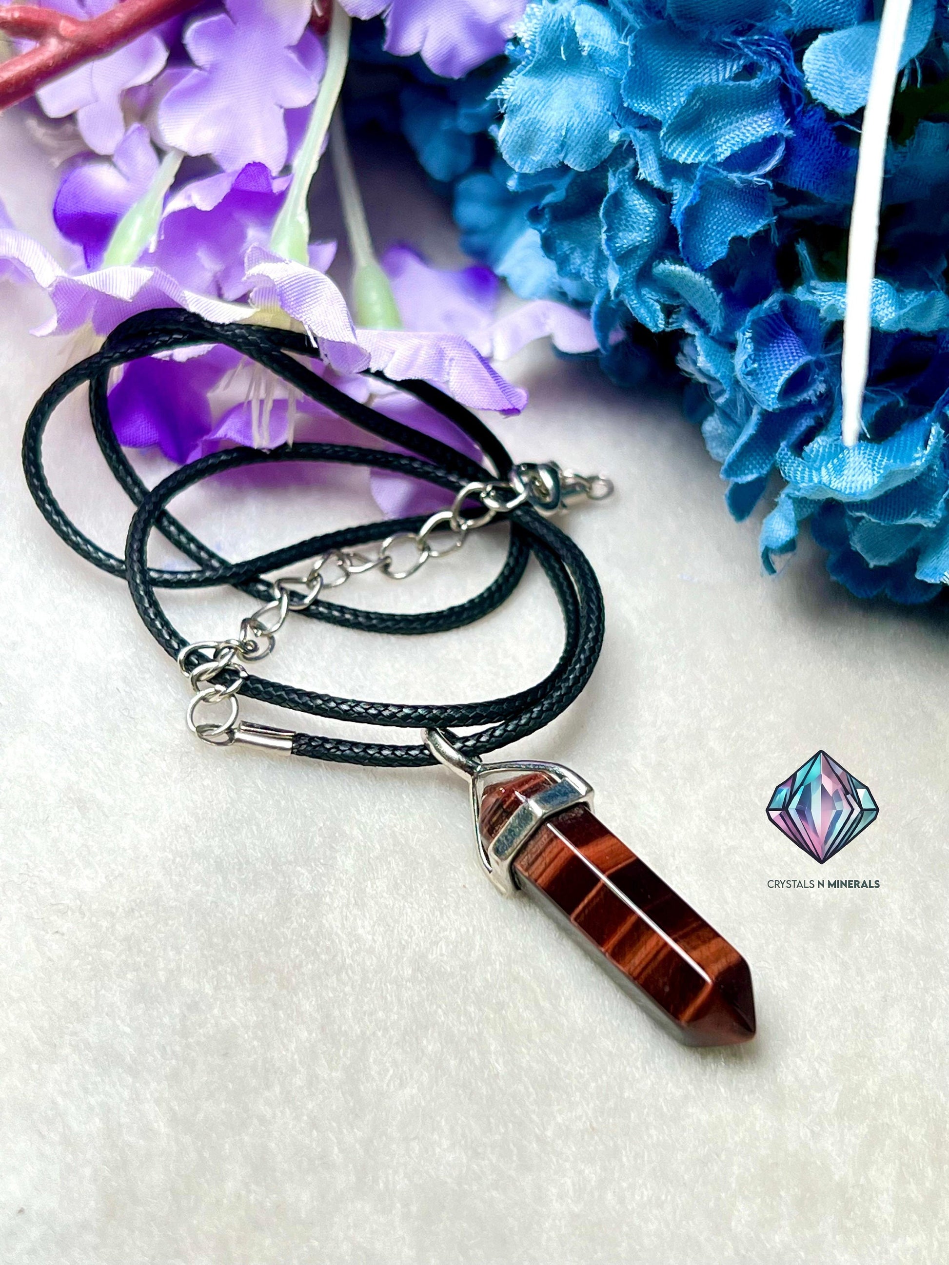 Red Tiger's Eye Stone Double Point Pencil Pendant with Black Cord