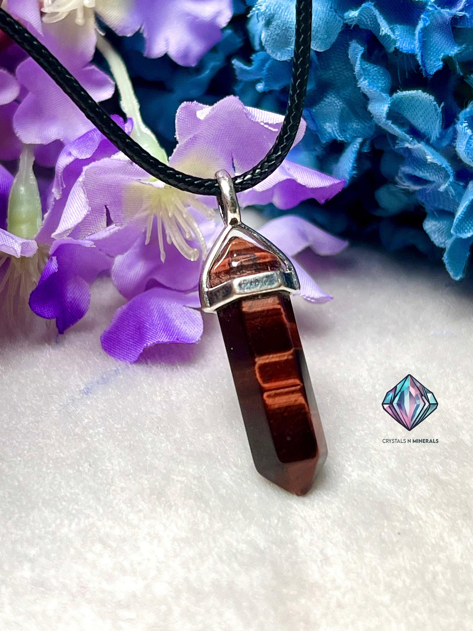 Red Tiger's Eye Stone Double Point Pencil Pendant with Black Cord