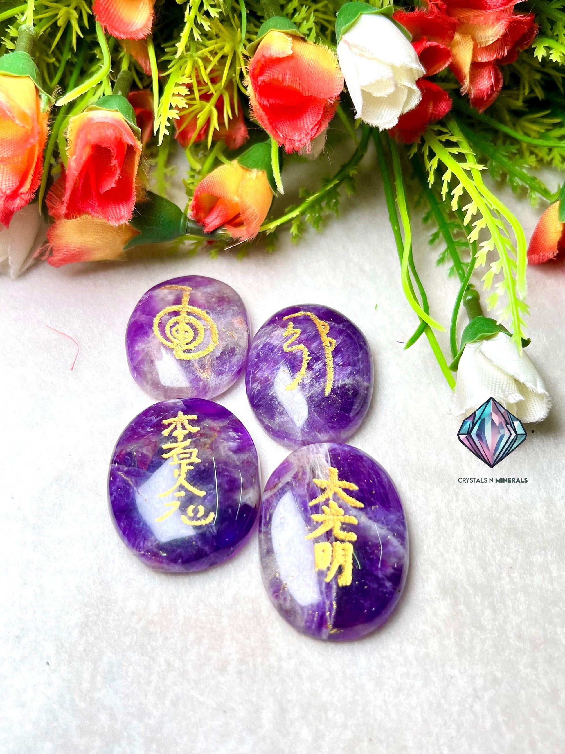 Amethyst Stone Set Of 4 Usui Reiki Symbol Engraved Oval Shape Stone l Cho Ku Rei l Sei Hei Ki l Hon Sha Ze Sho Nen l Dai Ko Myo