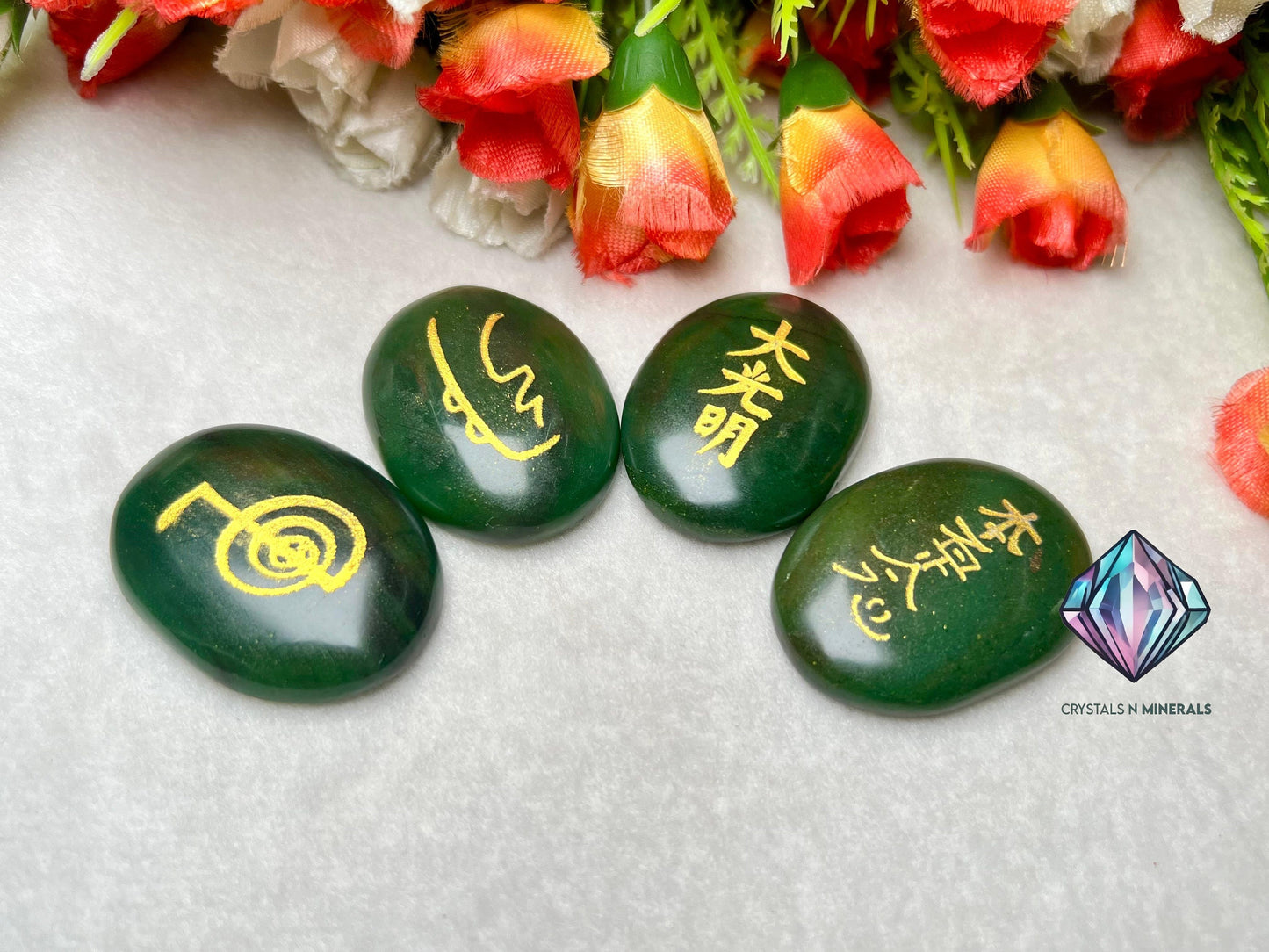 Green Jade Stone Set Of 4 Usui Reiki Symbol Engraved Oval Shape Stone l Cho Ku Rei l Sei Hei Ki l Hon Sha Ze Sho Nen l Dai Ko Myo