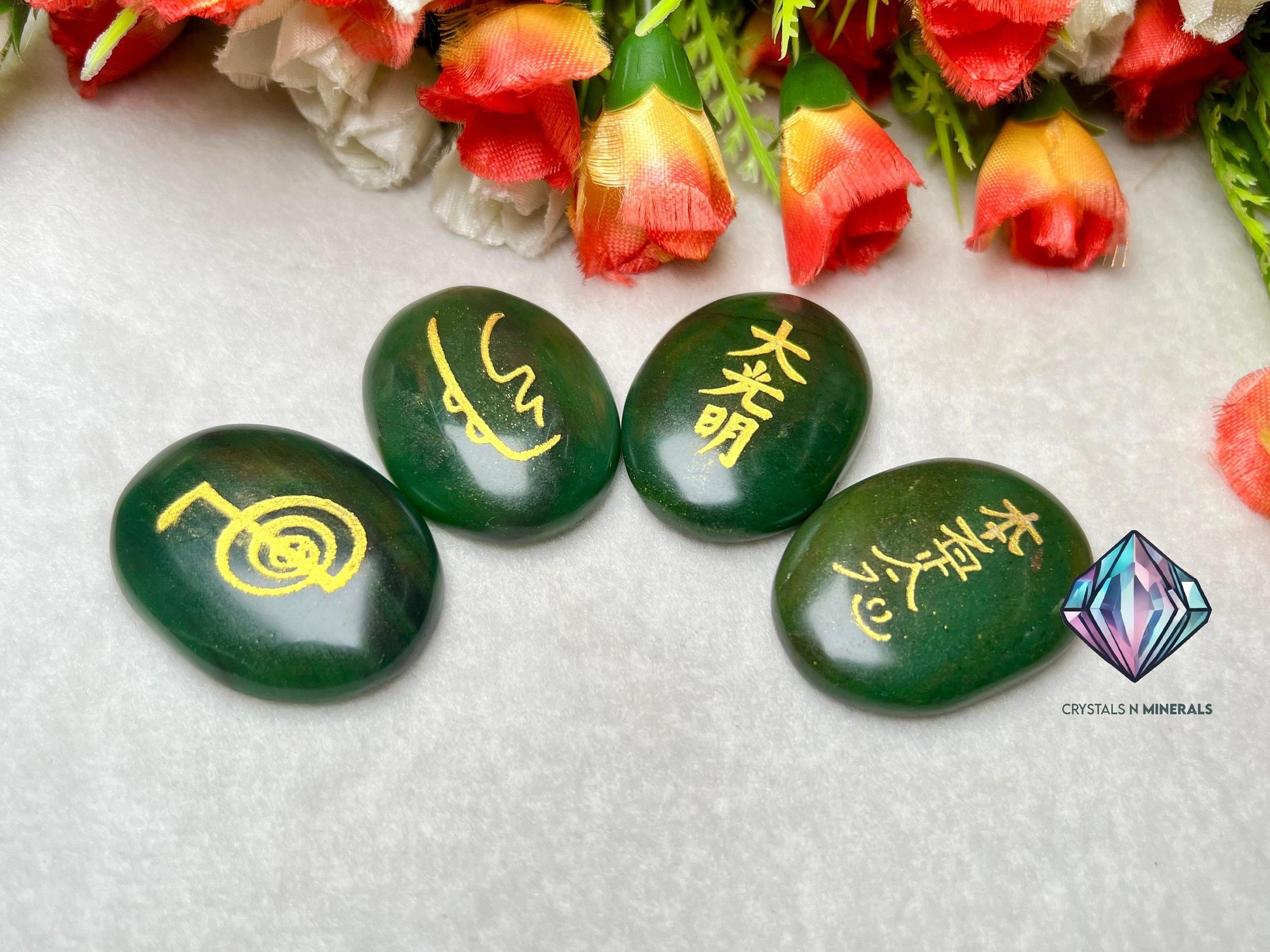 Green Jade Stone Set Of 4 Usui Reiki Symbol Engraved Oval Shape Stone l Cho Ku Rei l Sei Hei Ki l Hon Sha Ze Sho Nen l Dai Ko Myo