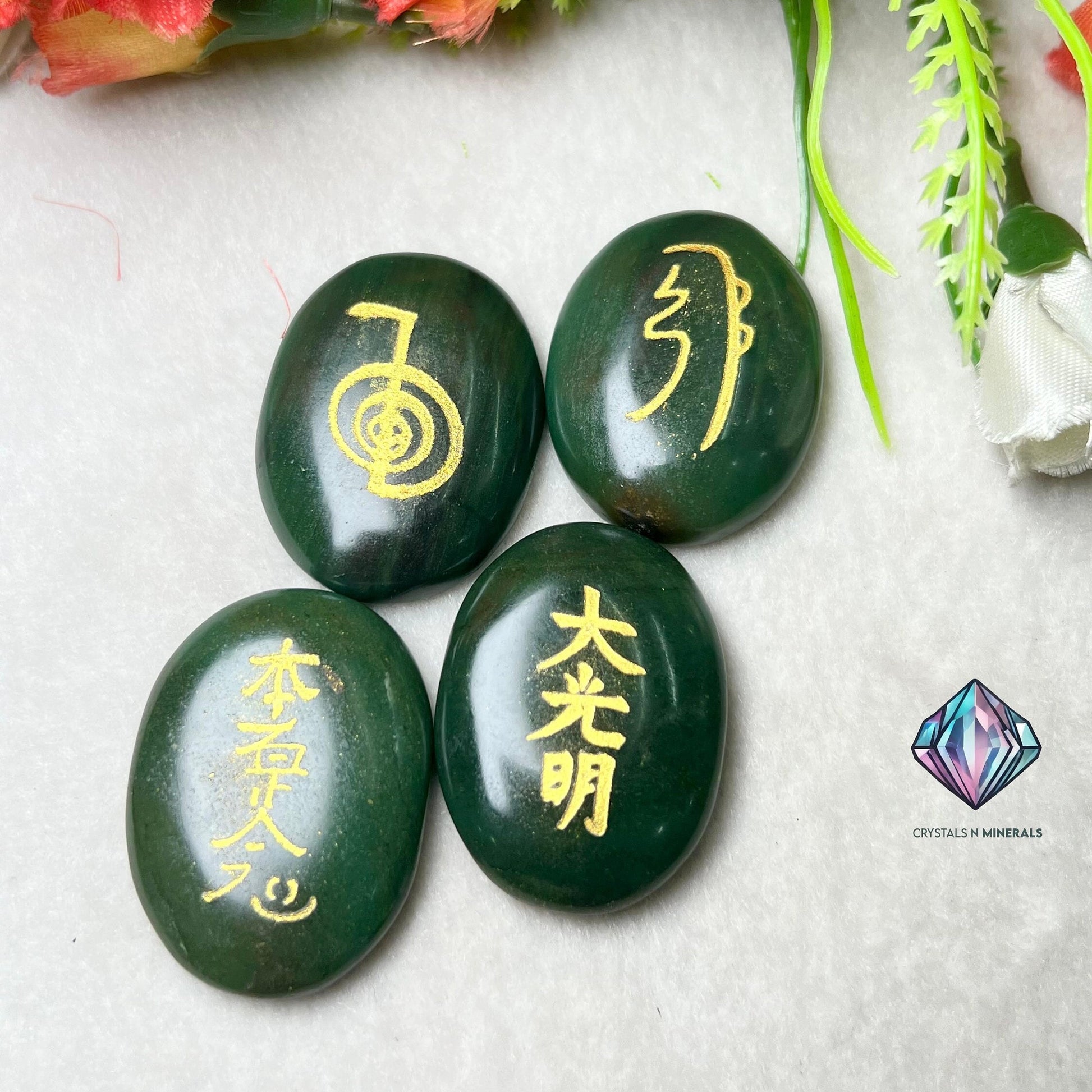 Green Jade Stone Set Of 4 Usui Reiki Symbol Engraved Oval Shape Stone l Cho Ku Rei l Sei Hei Ki l Hon Sha Ze Sho Nen l Dai Ko Myo