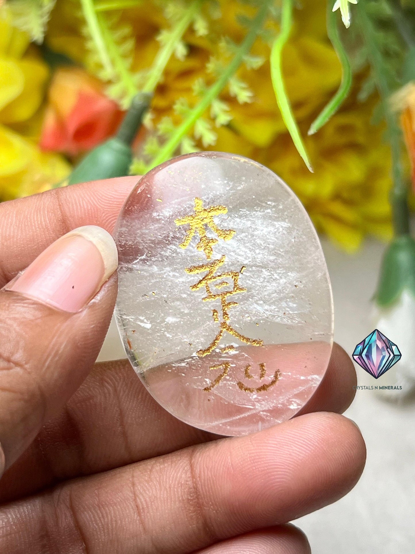 Himalya Crystal Quartz Stone Set Of 4 Usui Reiki Symbol Engraved Oval Shape Stone Cho Ku Rei l Sei Hei Ki l Hon Sha Ze Sho Nen l Dai Ko Myo