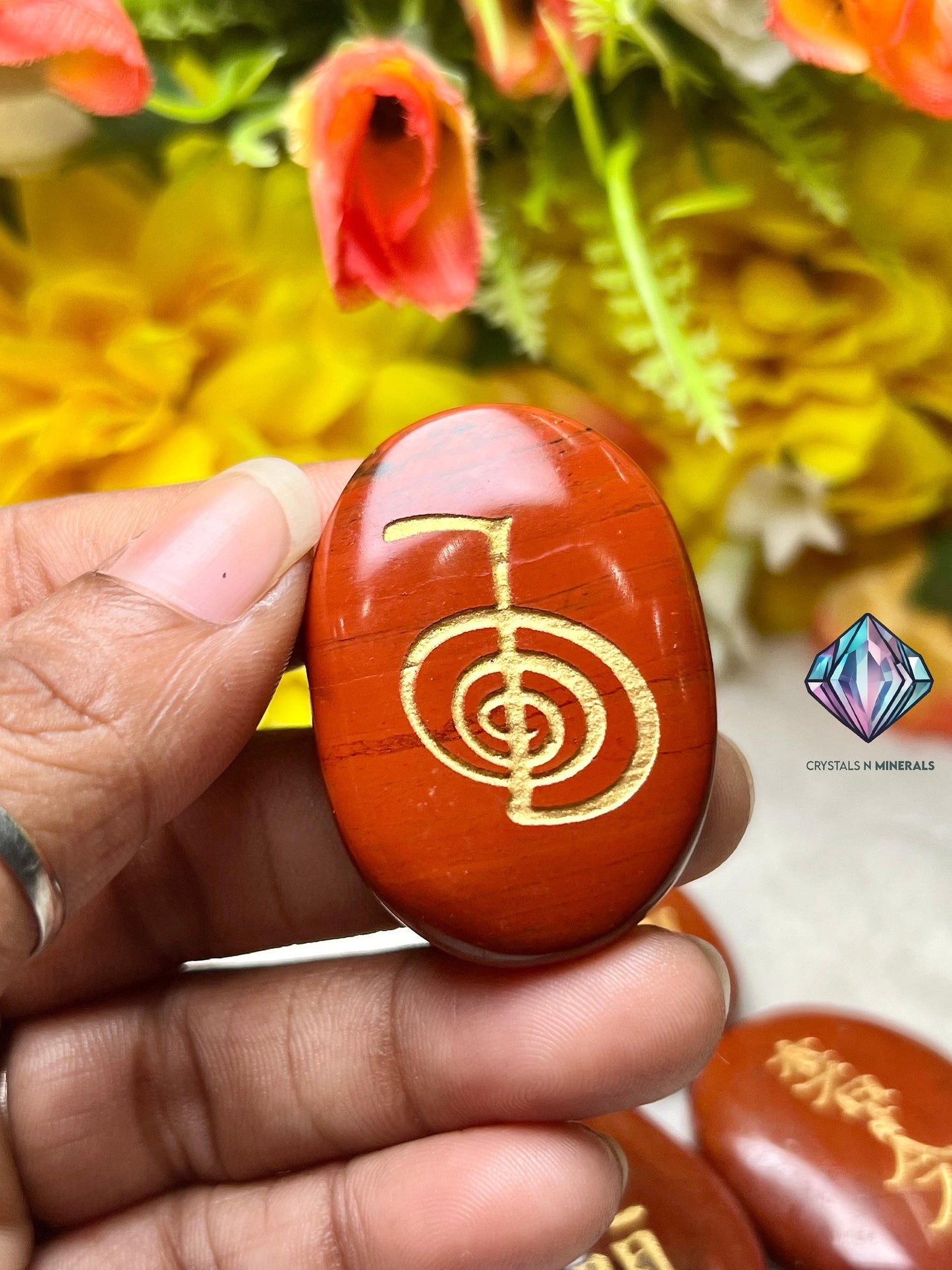 Red Jasper Stone Set Of 4 Usui Reiki Symbol Engraved Oval Shape Stone l Cho Ku Rei l Sei Hei Ki l Hon Sha Ze Sho Nen l Dai Ko Myo