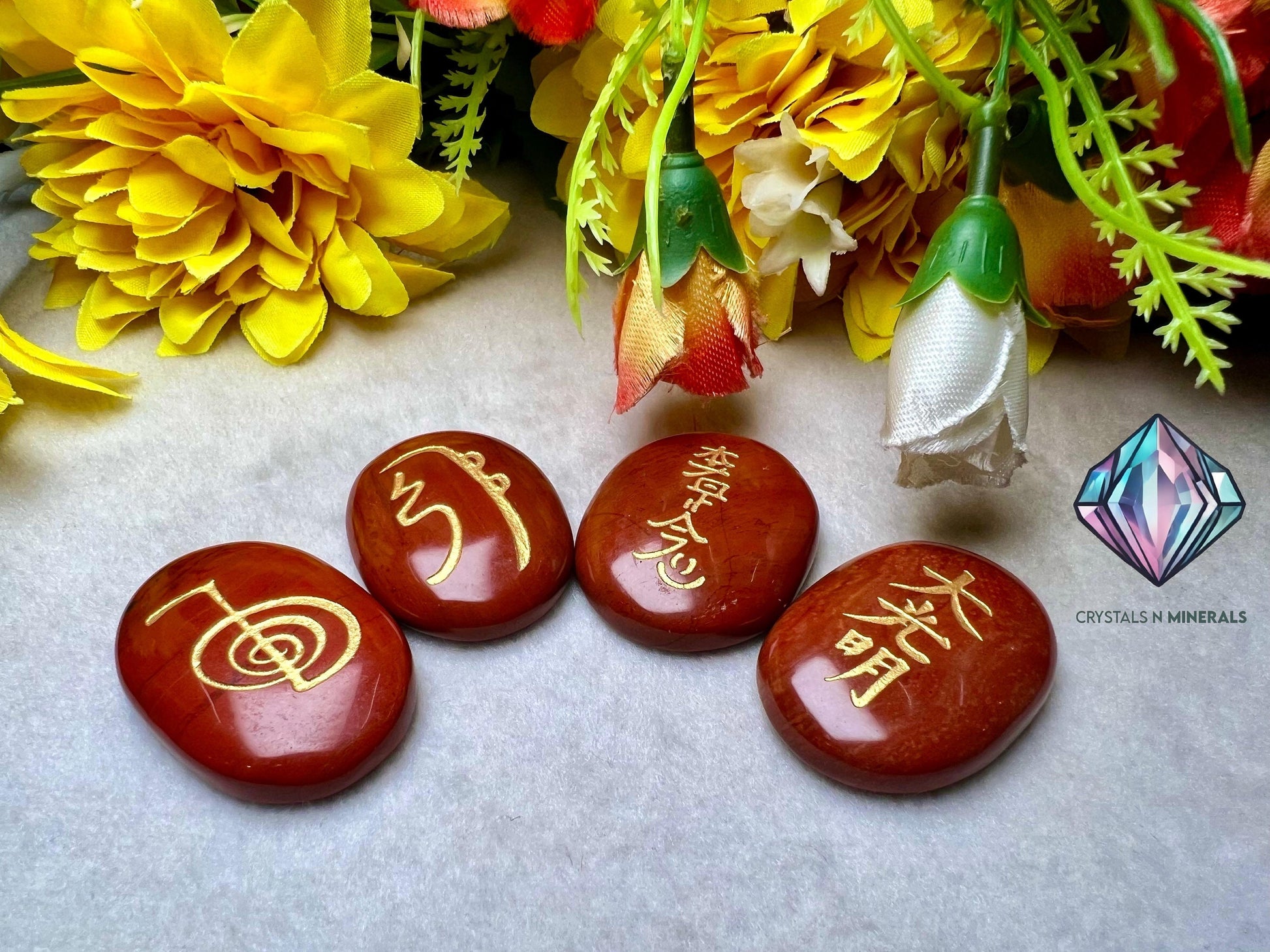 Red Jasper Stone Set Of 4 Usui Reiki Symbol Engraved Oval Shape Stone l Cho Ku Rei l Sei Hei Ki l Hon Sha Ze Sho Nen l Dai Ko Myo