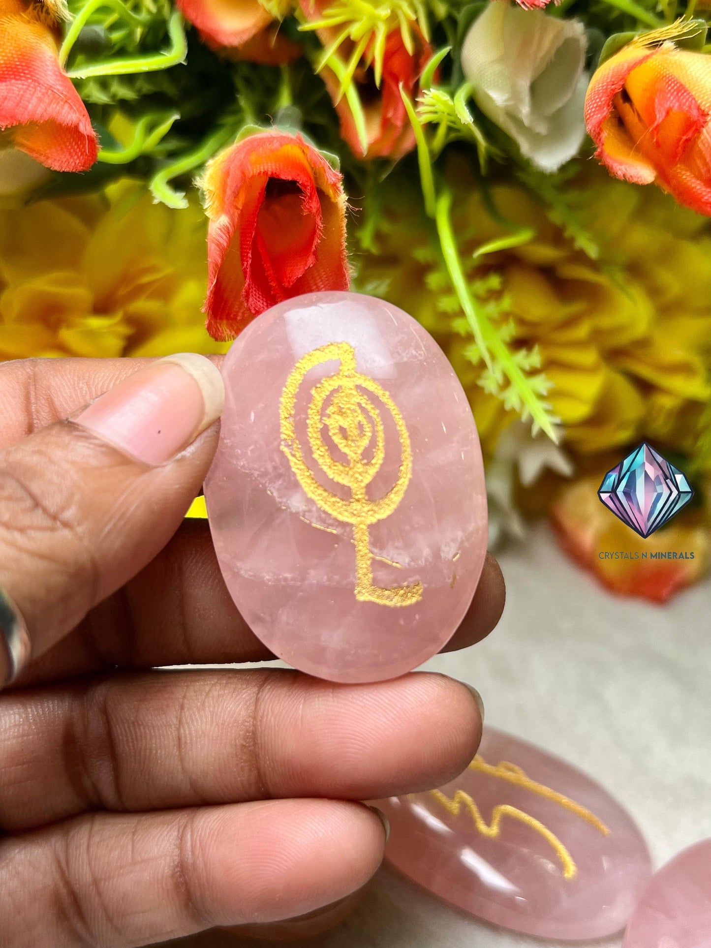 Rose Quartz Stone Set Of 4 Usui Reiki Symbol Engraved Oval Shape Stone l Cho Ku Rei l Sei Hei Ki l Hon Sha Ze Sho Nen l Dai Ko Myo