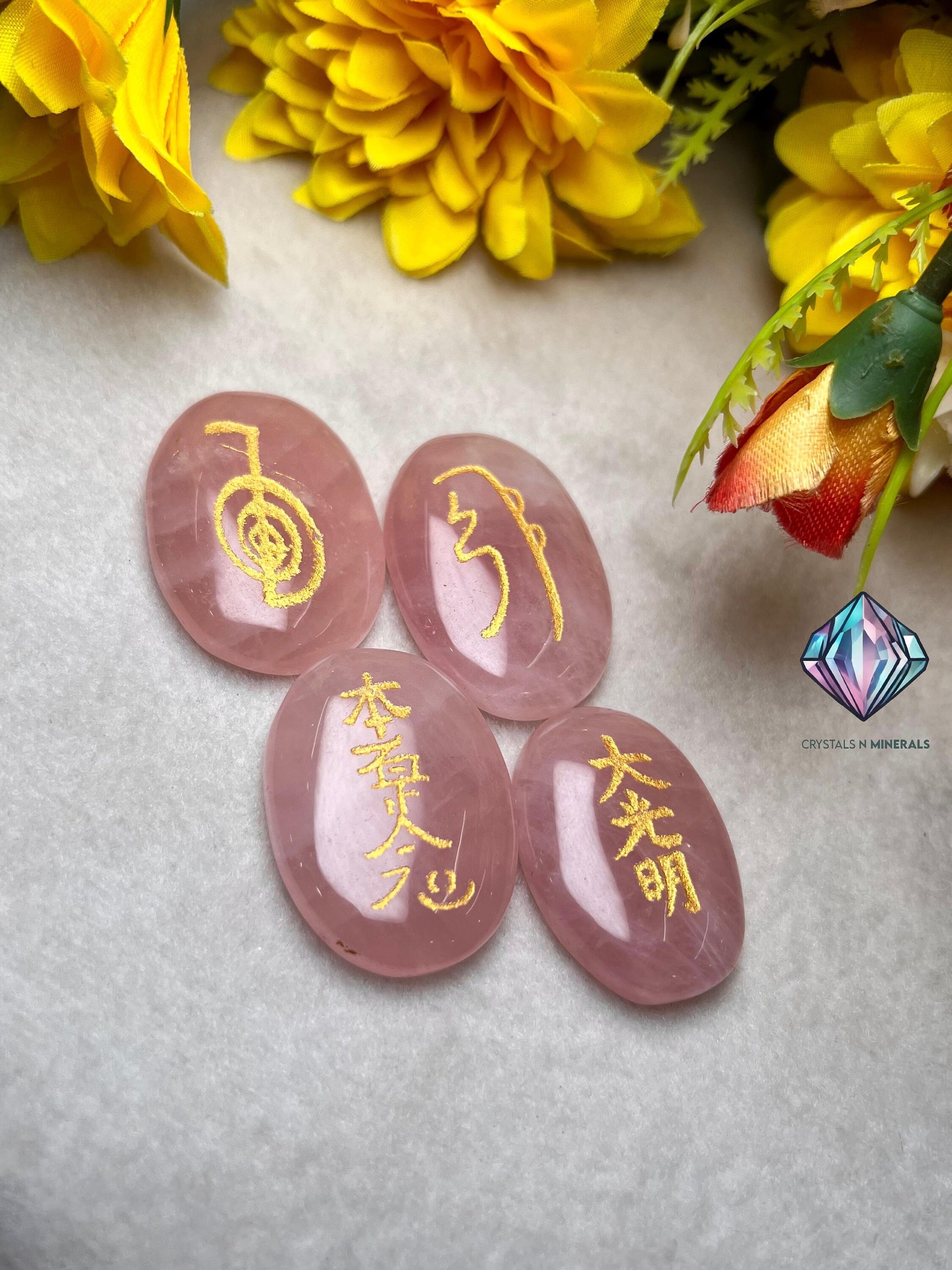 Rose Quartz Stone Set Of 4 Usui Reiki Symbol Engraved Oval Shape Stone l Cho Ku Rei l Sei Hei Ki l Hon Sha Ze Sho Nen l Dai Ko Myo