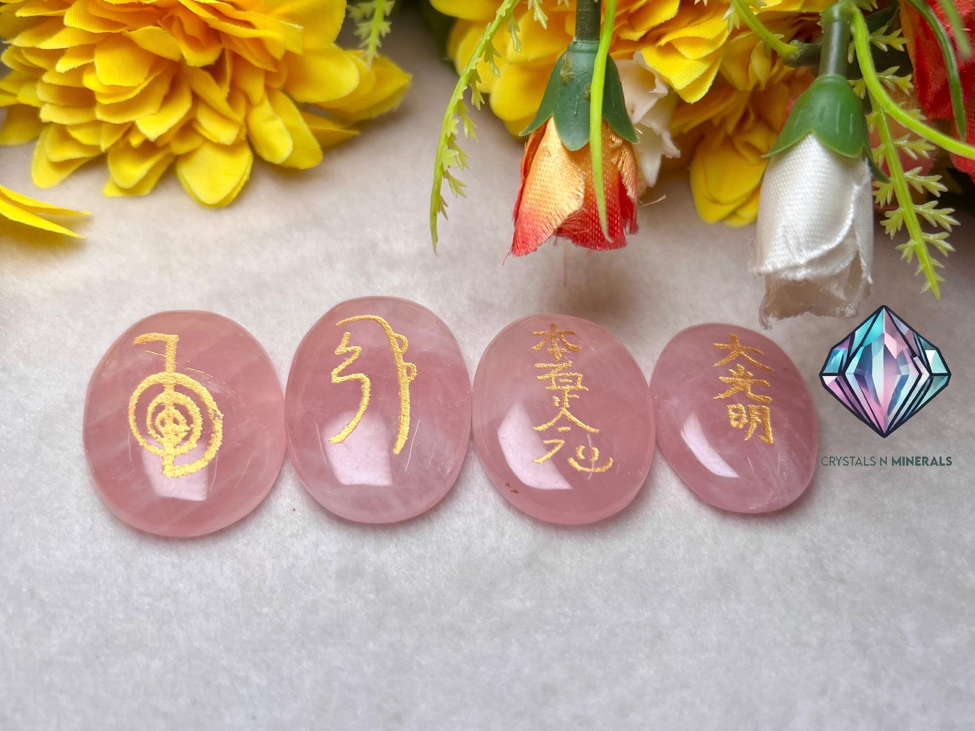 Rose Quartz Stone Set Of 4 Usui Reiki Symbol Engraved Oval Shape Stone l Cho Ku Rei l Sei Hei Ki l Hon Sha Ze Sho Nen l Dai Ko Myo