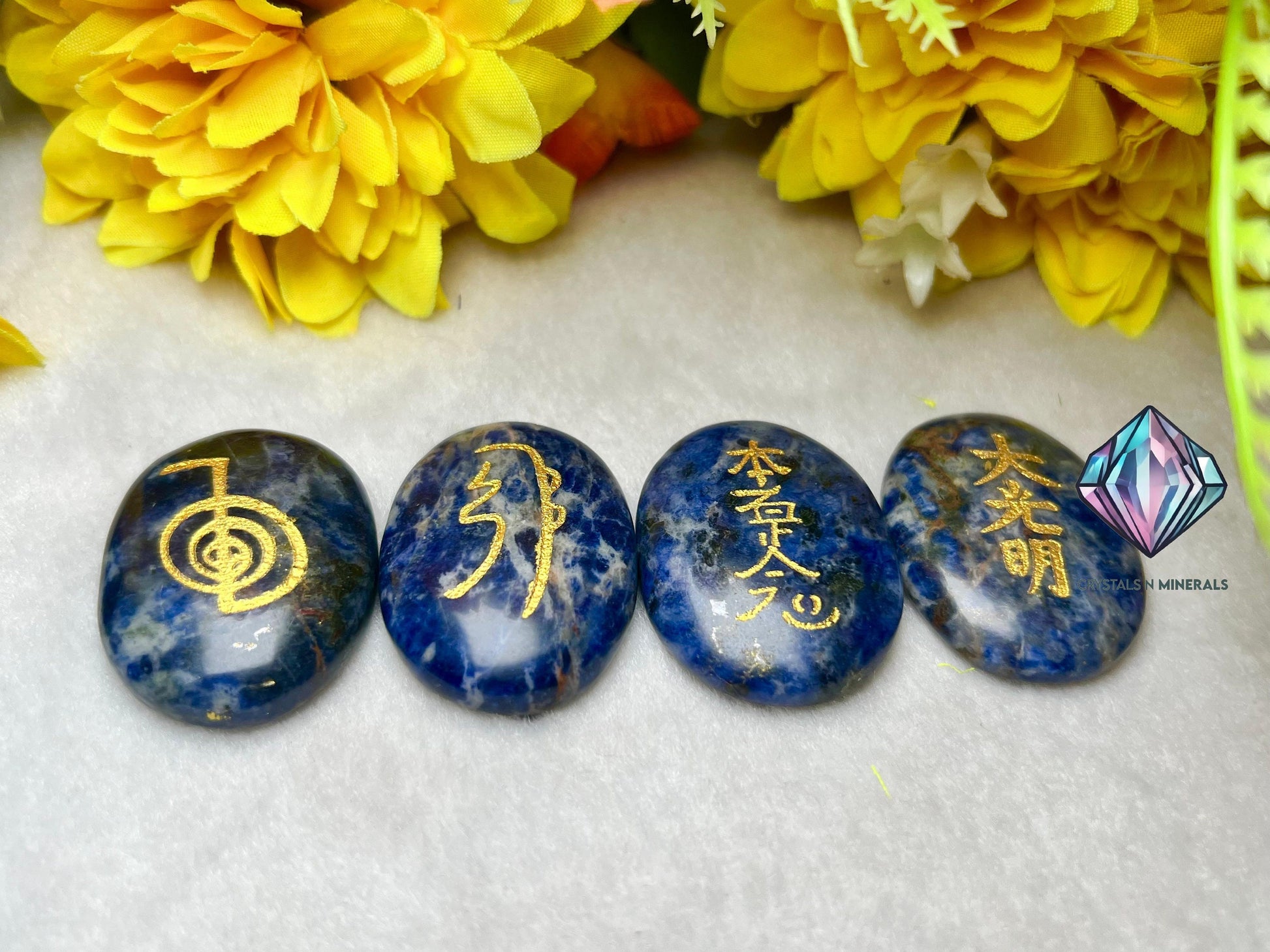 Sodalite Stone Set Of 4 Usui Reiki Symbol Engraved Oval Shape Stone l Cho Ku Rei l Sei Hei Ki l Hon Sha Ze Sho Nen l Dai Ko Myo