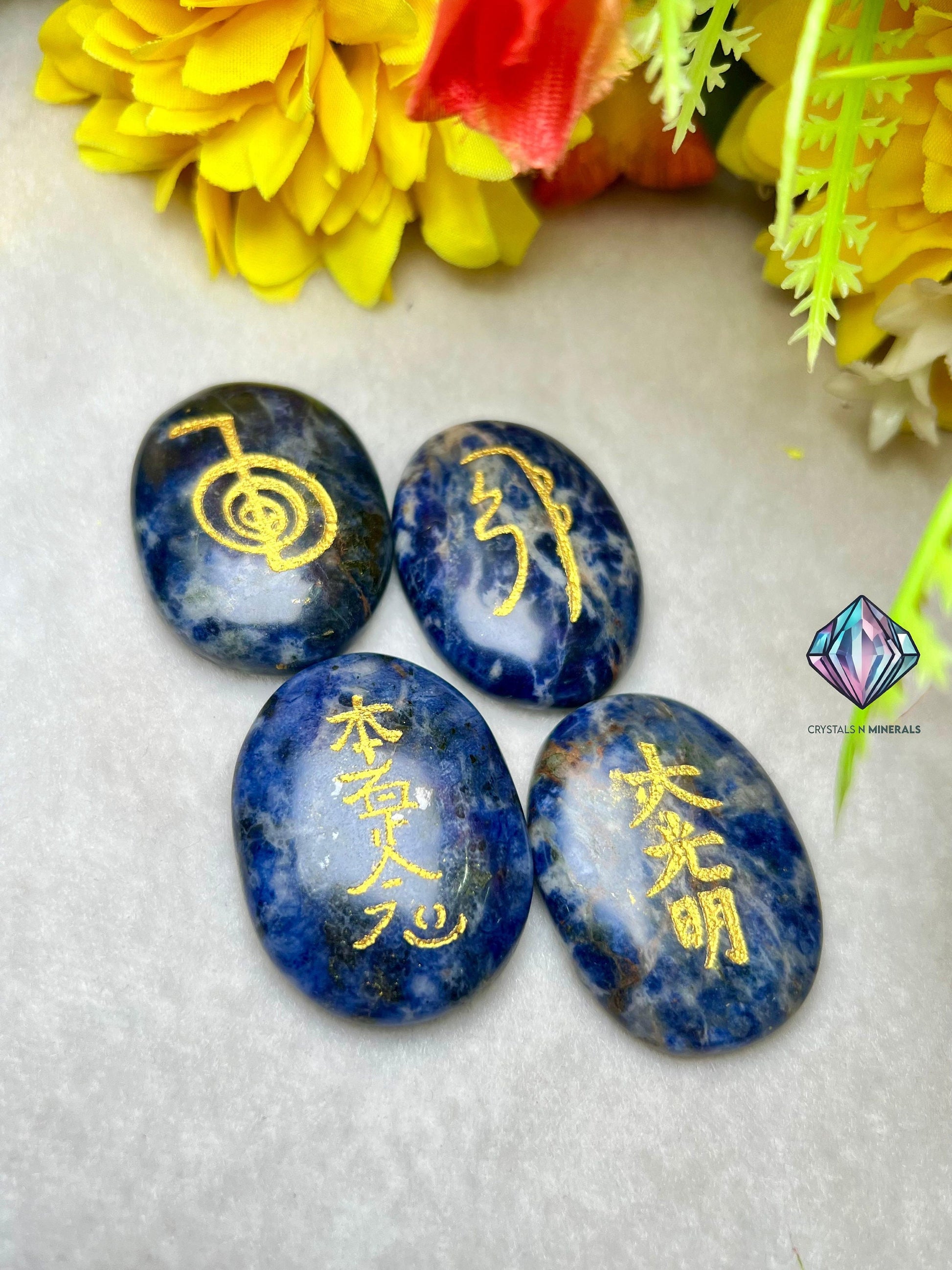 Sodalite Stone Set Of 4 Usui Reiki Symbol Engraved Oval Shape Stone l Cho Ku Rei l Sei Hei Ki l Hon Sha Ze Sho Nen l Dai Ko Myo