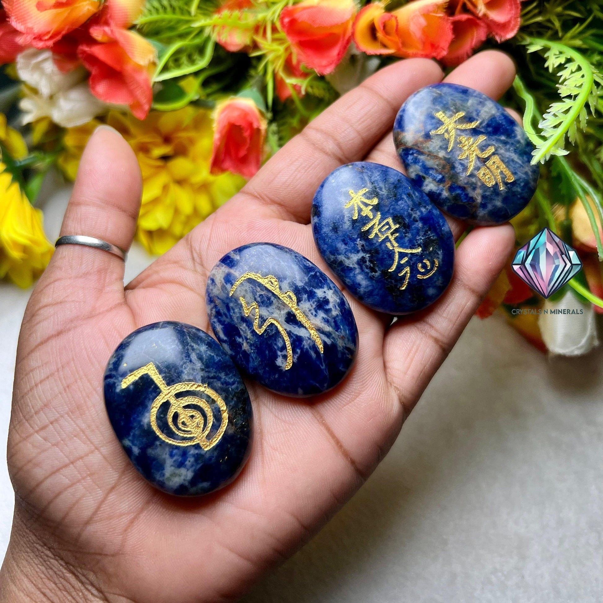 Sodalite Stone Set Of 4 Usui Reiki Symbol Engraved Oval Shape Stone l Cho Ku Rei l Sei Hei Ki l Hon Sha Ze Sho Nen l Dai Ko Myo