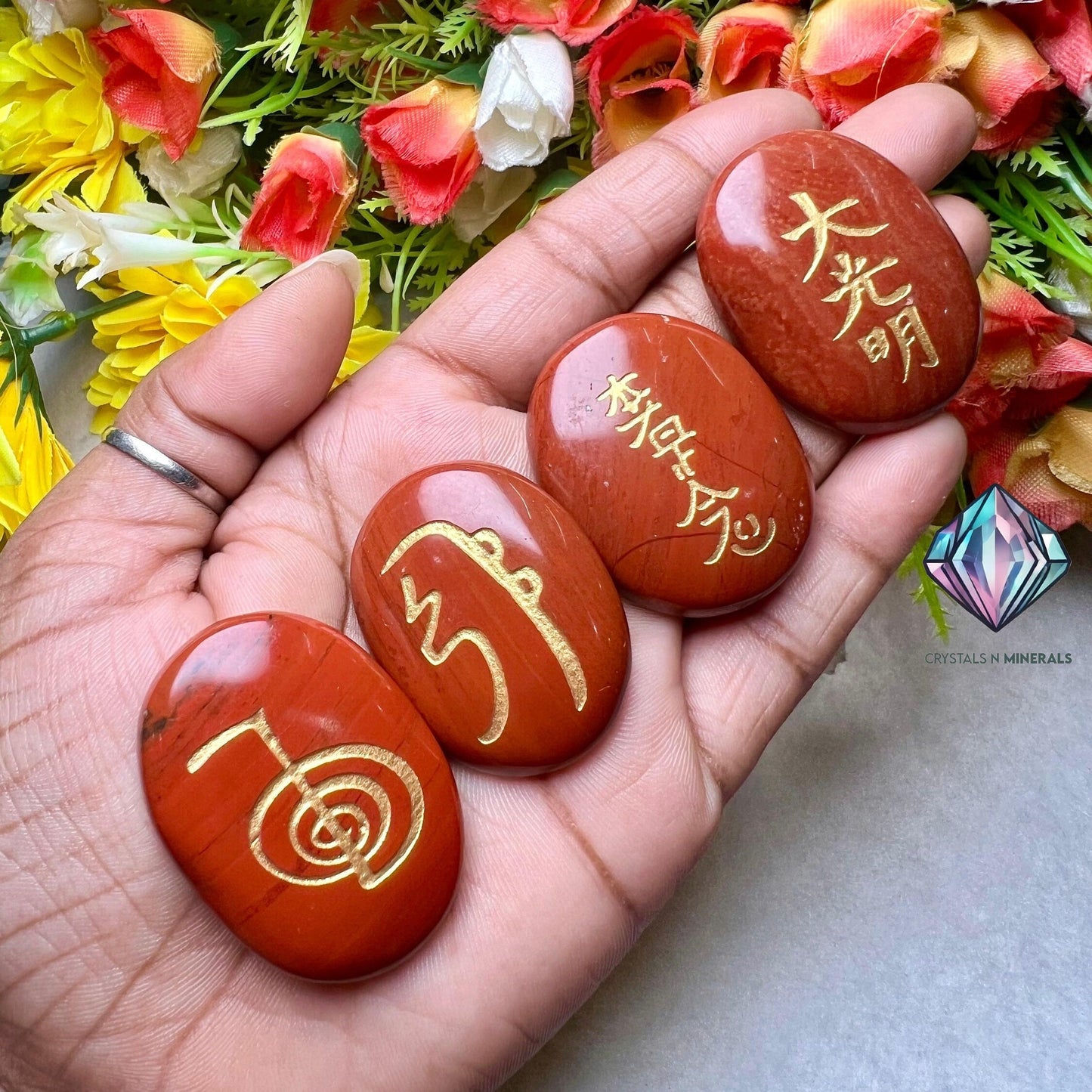 Red Jasper Stone Set Of 4 Usui Reiki Symbol Engraved Oval Shape Stone l Cho Ku Rei l Sei Hei Ki l Hon Sha Ze Sho Nen l Dai Ko Myo