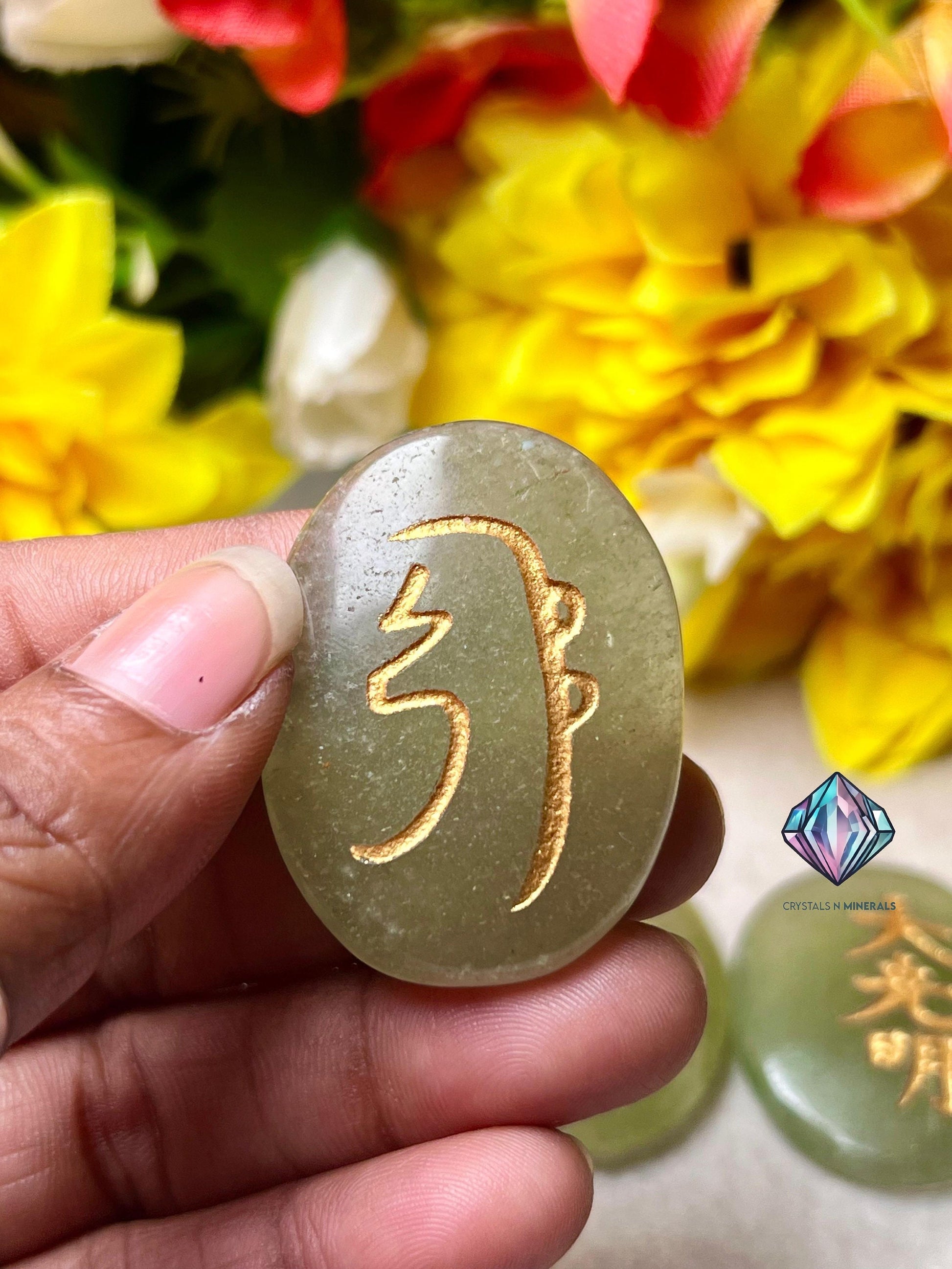 Green Aventurine Stone Set Of 4 Usui Reiki Symbol Engraved Oval Shape Stone l Cho Ku Rei l Sei Hei Ki l Hon Sha Ze Sho Nen l Dai Ko Myo