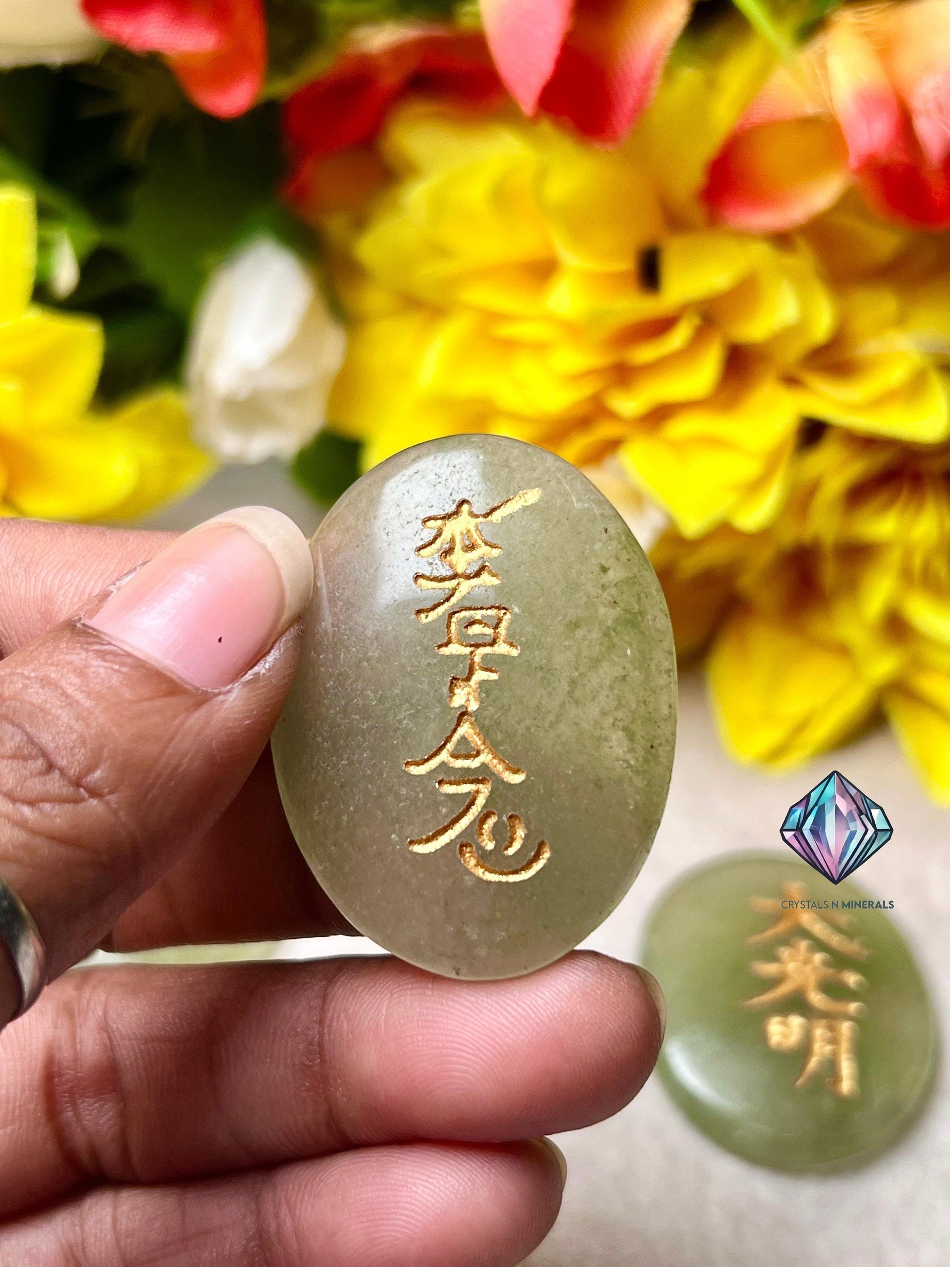 Green Aventurine Stone Set Of 4 Usui Reiki Symbol Engraved Oval Shape Stone l Cho Ku Rei l Sei Hei Ki l Hon Sha Ze Sho Nen l Dai Ko Myo