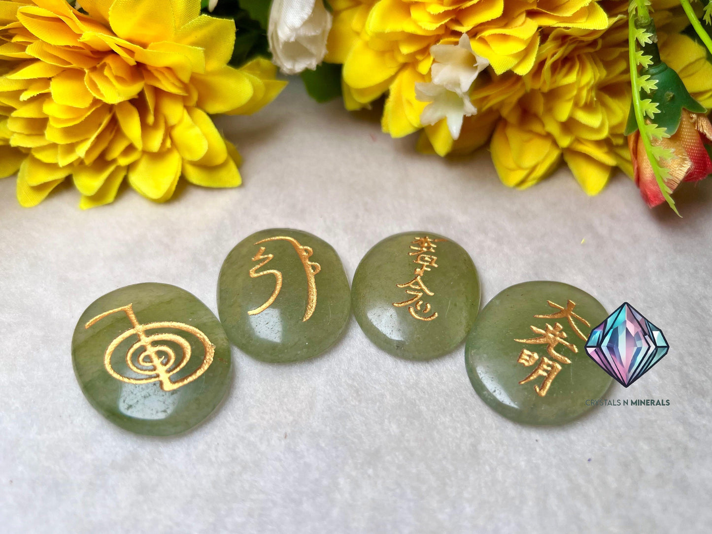 Green Aventurine Stone Set Of 4 Usui Reiki Symbol Engraved Oval Shape Stone l Cho Ku Rei l Sei Hei Ki l Hon Sha Ze Sho Nen l Dai Ko Myo