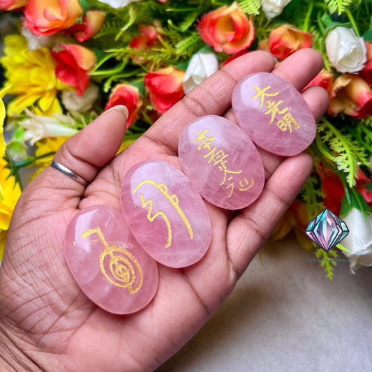 Rose Quartz Stone Set Of 4 Usui Reiki Symbol Engraved Oval Shape Stone l Cho Ku Rei l Sei Hei Ki l Hon Sha Ze Sho Nen l Dai Ko Myo