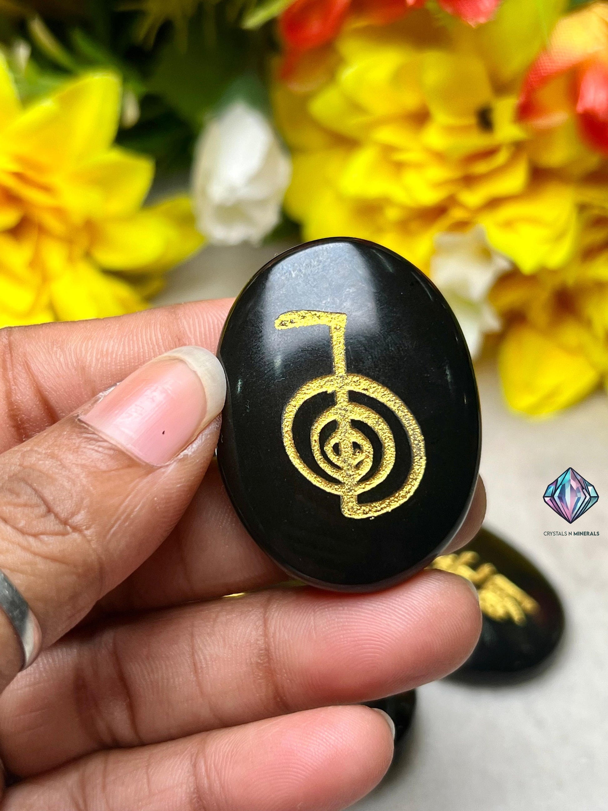 Black Tourmaline Stone Set Of 4 Usui Reiki Symbol Engraved Oval Shape Stone l Cho Ku Rei l Sei Hei Ki l Hon Sha Ze Sho Nen l Dai Ko Myo