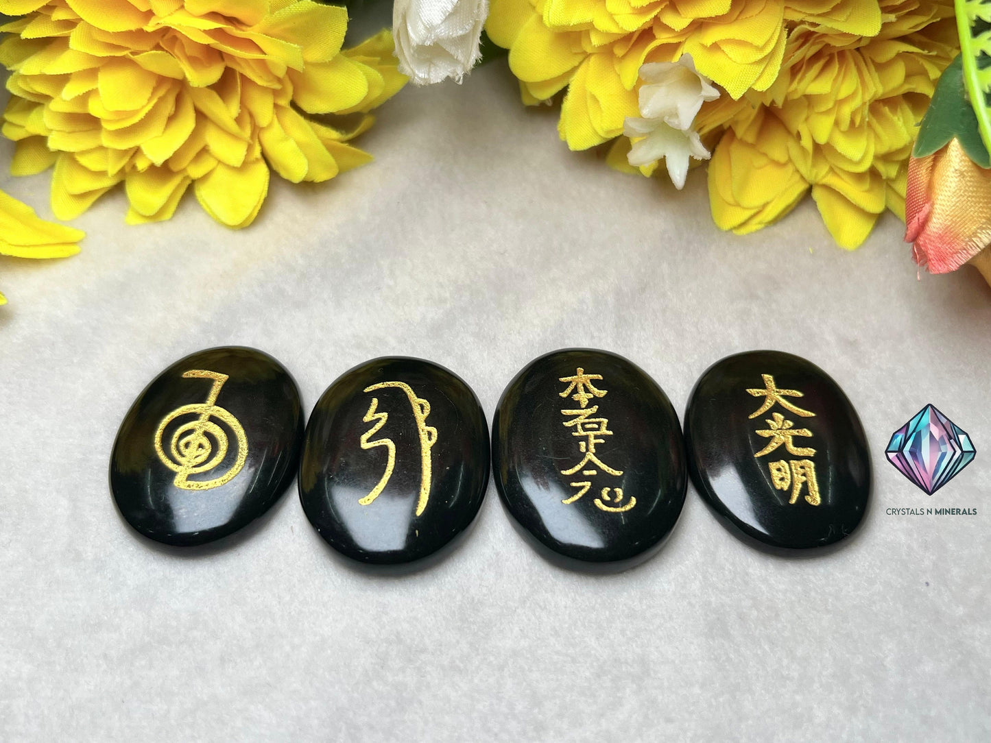 Black Tourmaline Stone Set Of 4 Usui Reiki Symbol Engraved Oval Shape Stone l Cho Ku Rei l Sei Hei Ki l Hon Sha Ze Sho Nen l Dai Ko Myo